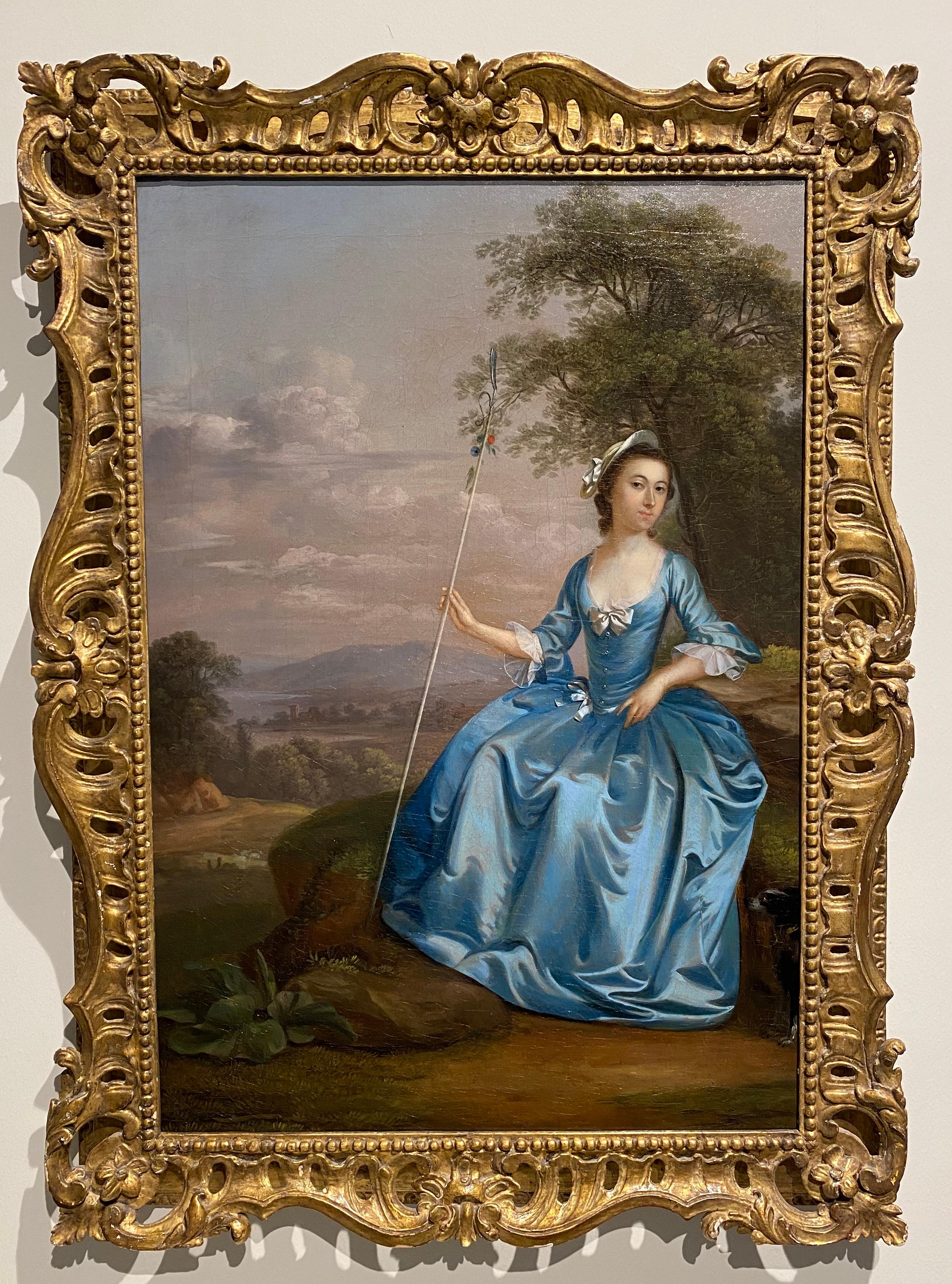 Portrait of Mrs Bates as a shepherdess, seated in a landscape - Painting by Arthur Devis