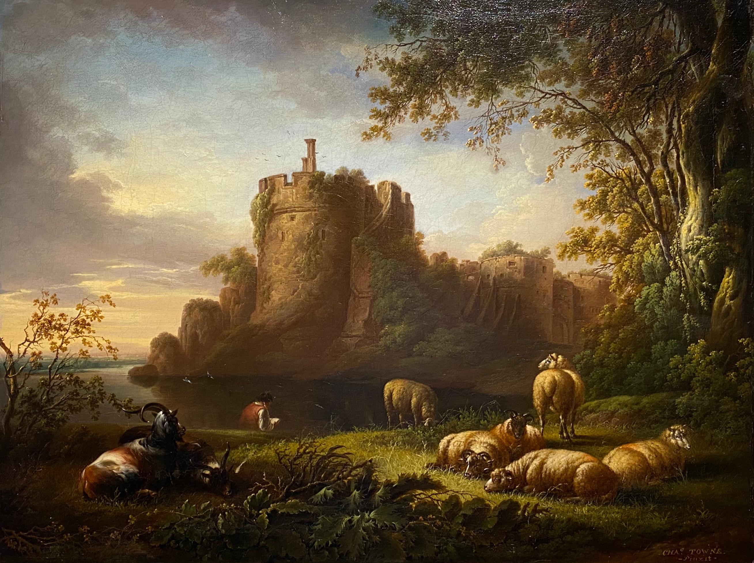 Charles Towne Landscape Painting - A young poet seated in a landscape before ruins, with sheep and goats resting