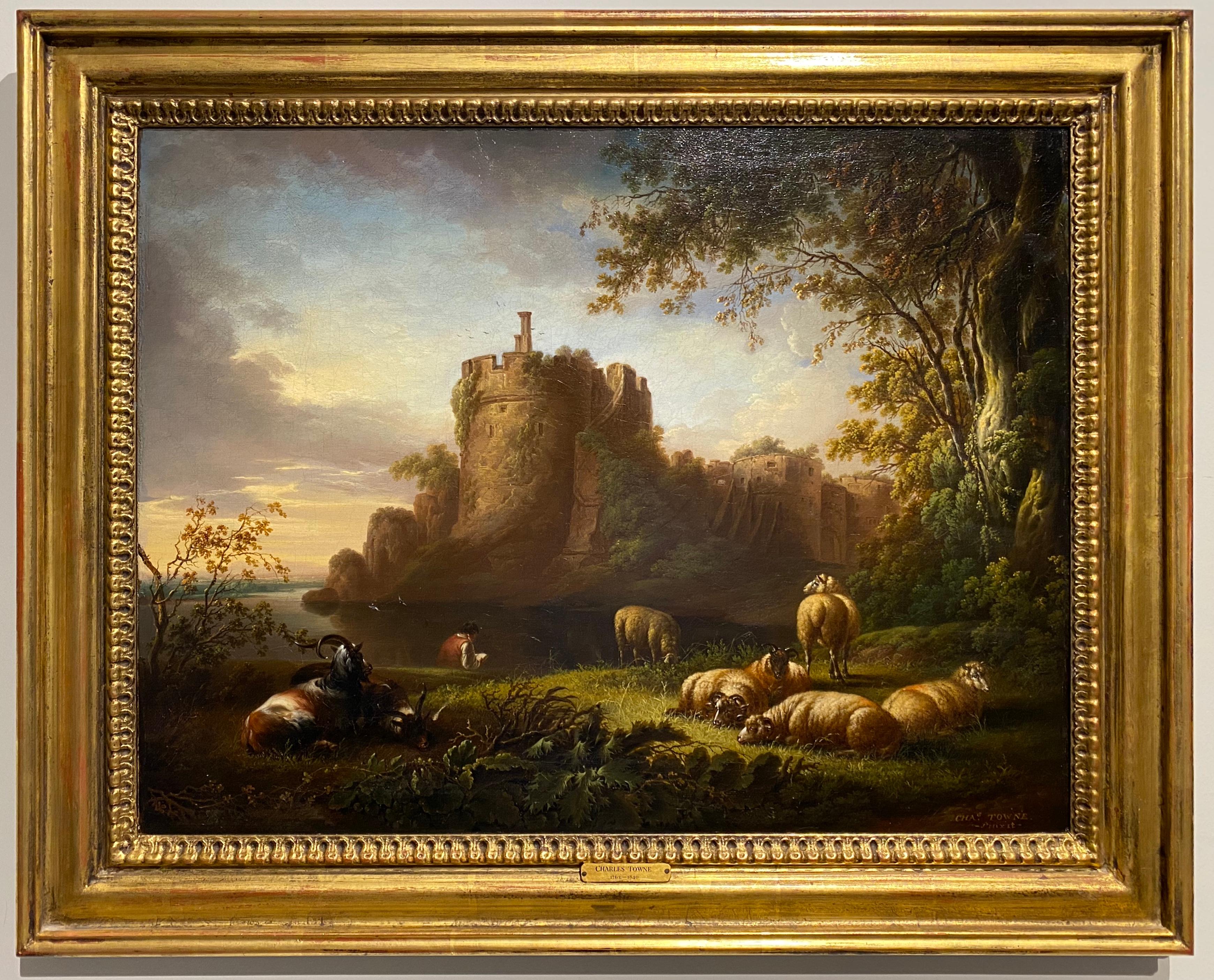 A young poet seated in a landscape before ruins, with sheep and goats resting - Painting by Charles Towne