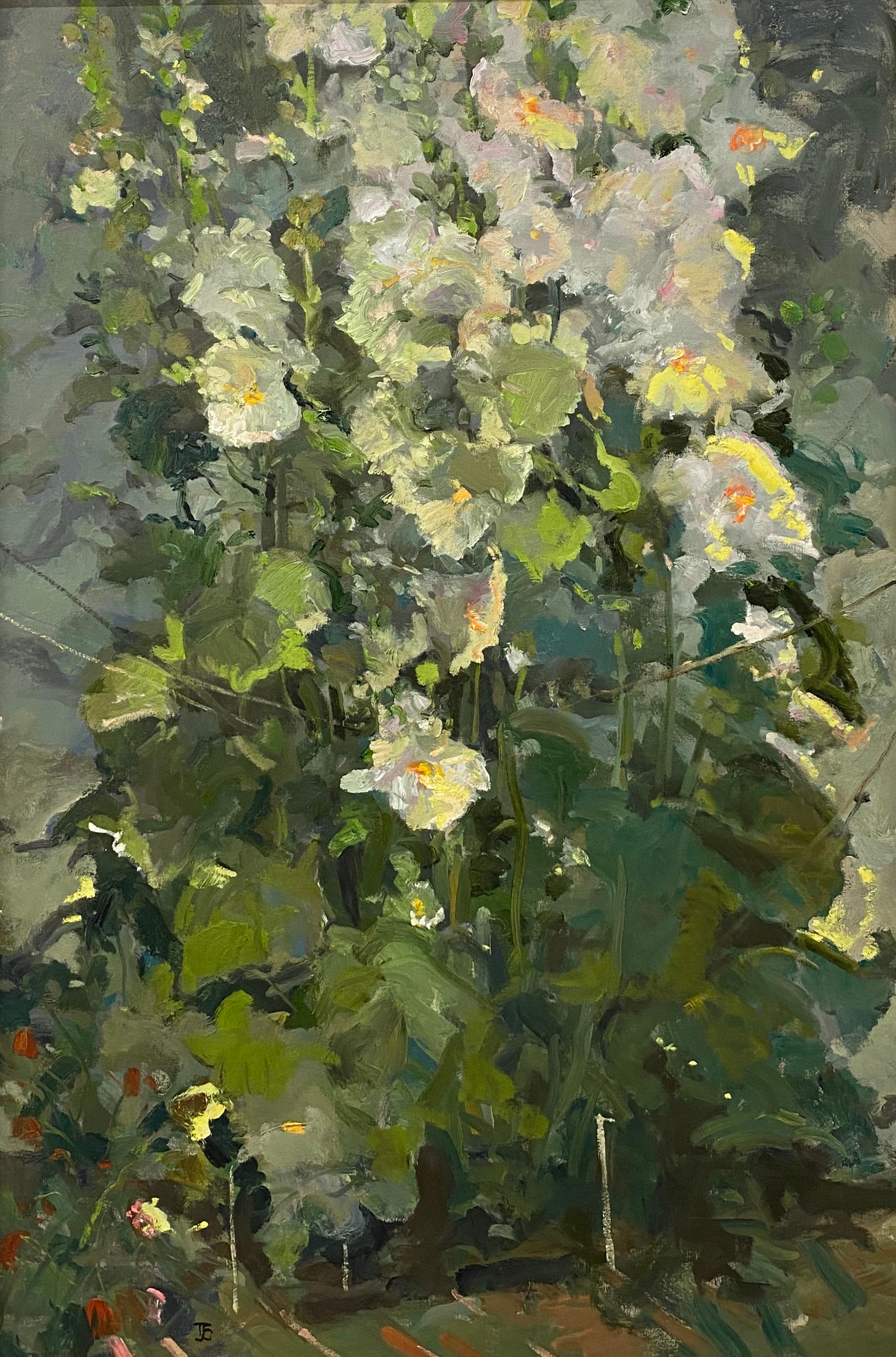 Garden Hollyhocks - Painting by Tom Coates