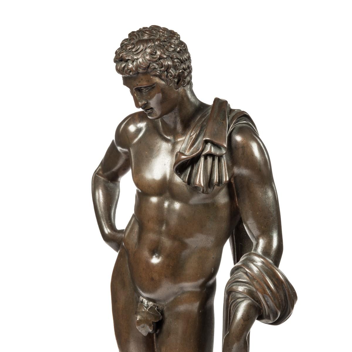 Benedetto Boschetti (c.1820-1880)
The Antinous Belvedere
Rome, mid-nineteenth century
Bronze
36 cm high
Signed: ‘B. Boschetti, Roma’

Provenance: Private collection, England

According to legend, Antinous was a young man in the Emperor Hadrian’s
