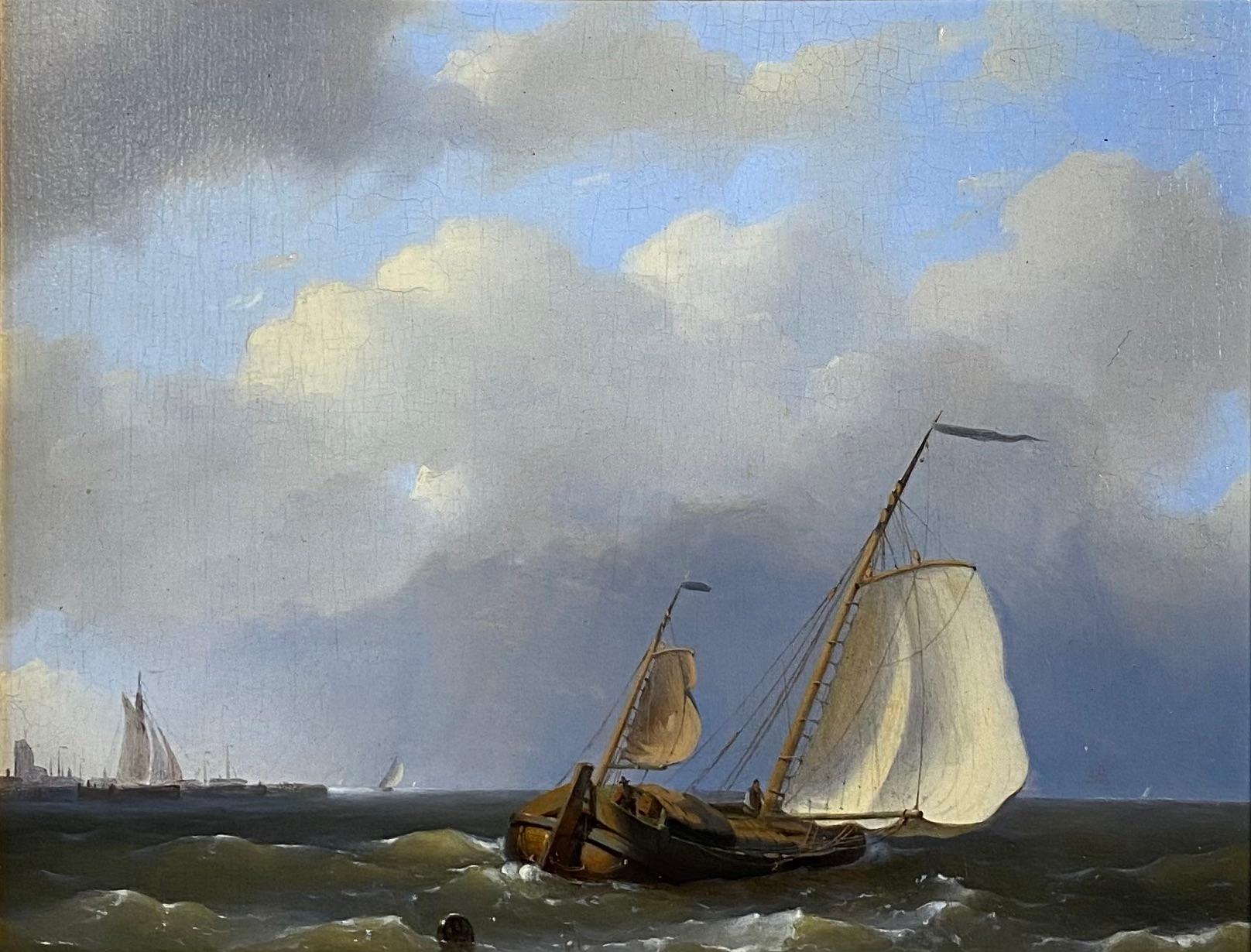 Hermanus Koekkoek I Landscape Painting - A fishing boat in choppy waters
