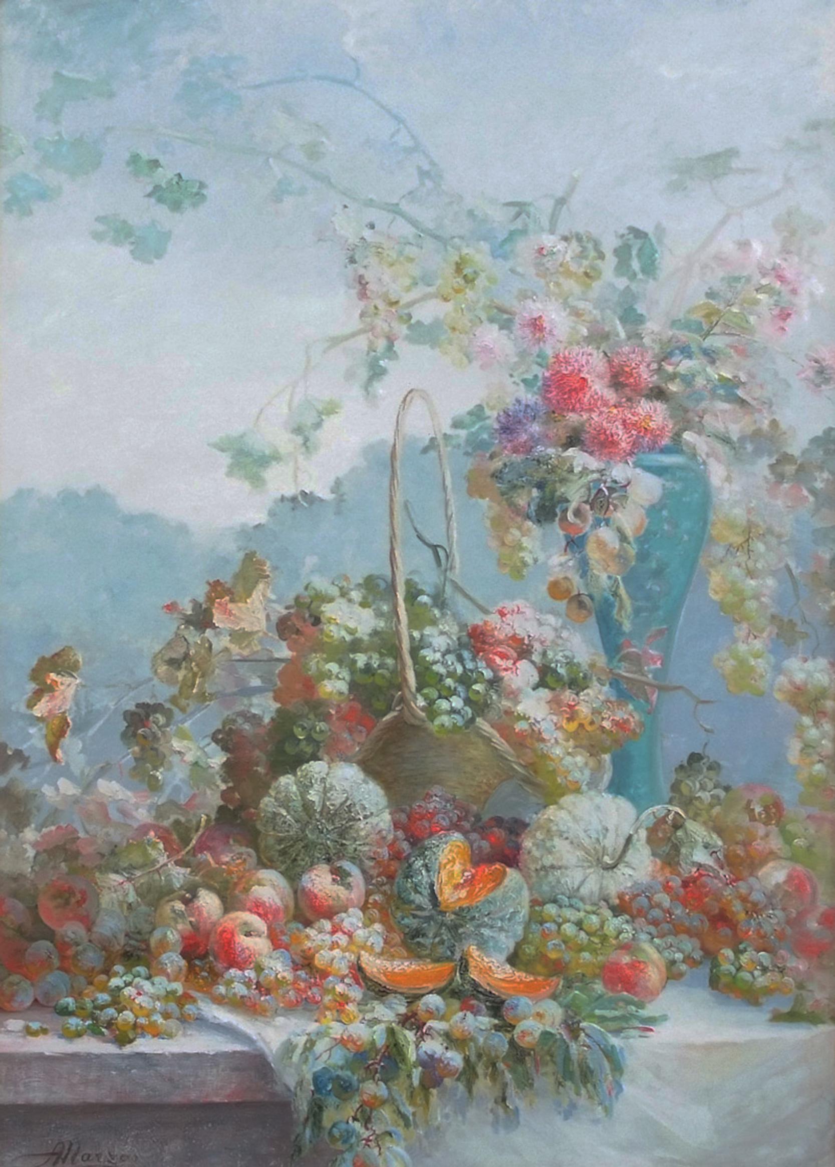 Großes großes Gemälde Frühlingsarrangement Früchte und Blumen 1907 (Post-Impressionismus), Painting, von MARZO Antoine  