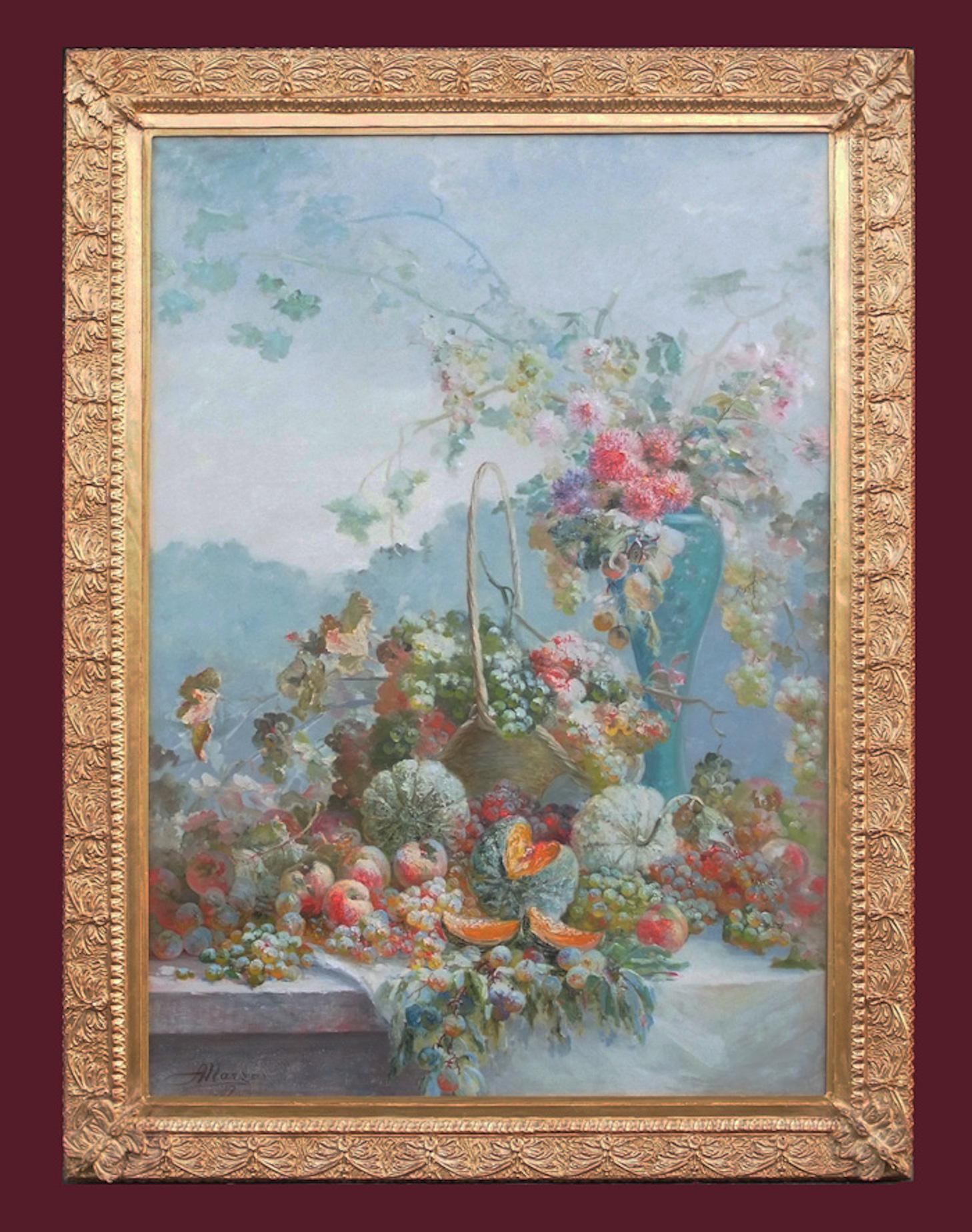MARZO Antoine   Landscape Painting – Großes großes Gemälde Frühlingsarrangement Früchte und Blumen 1907