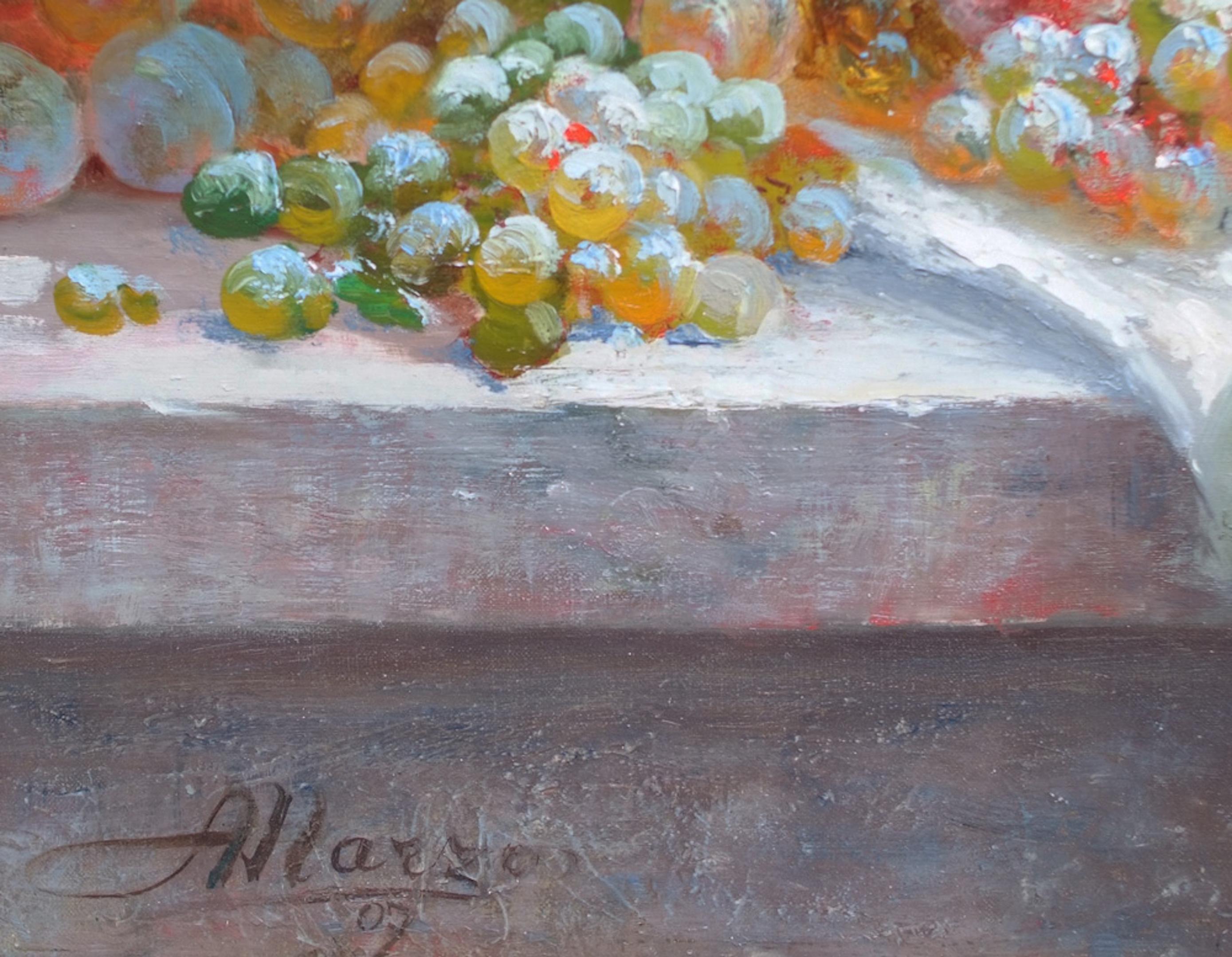 Großes großes Gemälde Frühlingsarrangement Früchte und Blumen 1907 (Grau), Landscape Painting, von MARZO Antoine  