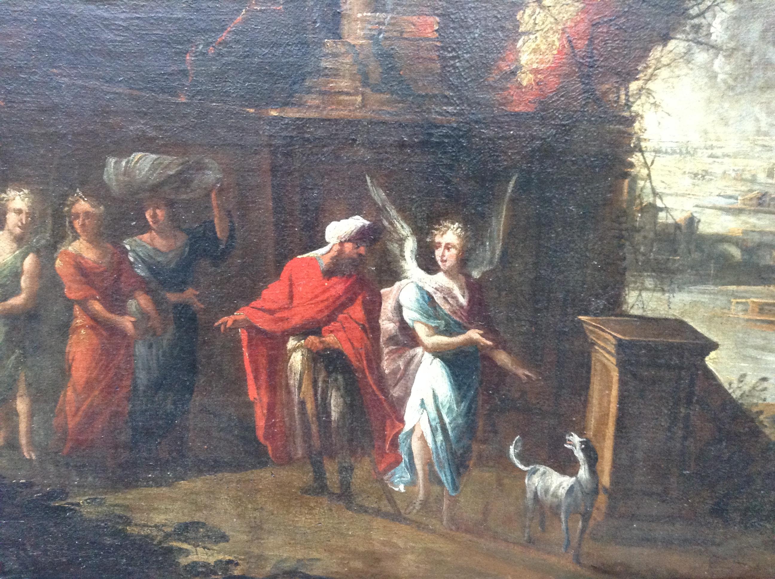 Escuela italiana Siglo XVII
Cerca de Monsu Desiderio 
La huida de Sodoma y Gomorra
Óleo sobre lienzo
Enmarcado con madera negra y adornos dorados
Dim Lienzo : 95 X 140 cm
Dim Marco : 100 X 144 cm

Tras el seudónimo Monsu Desiderio se esconden