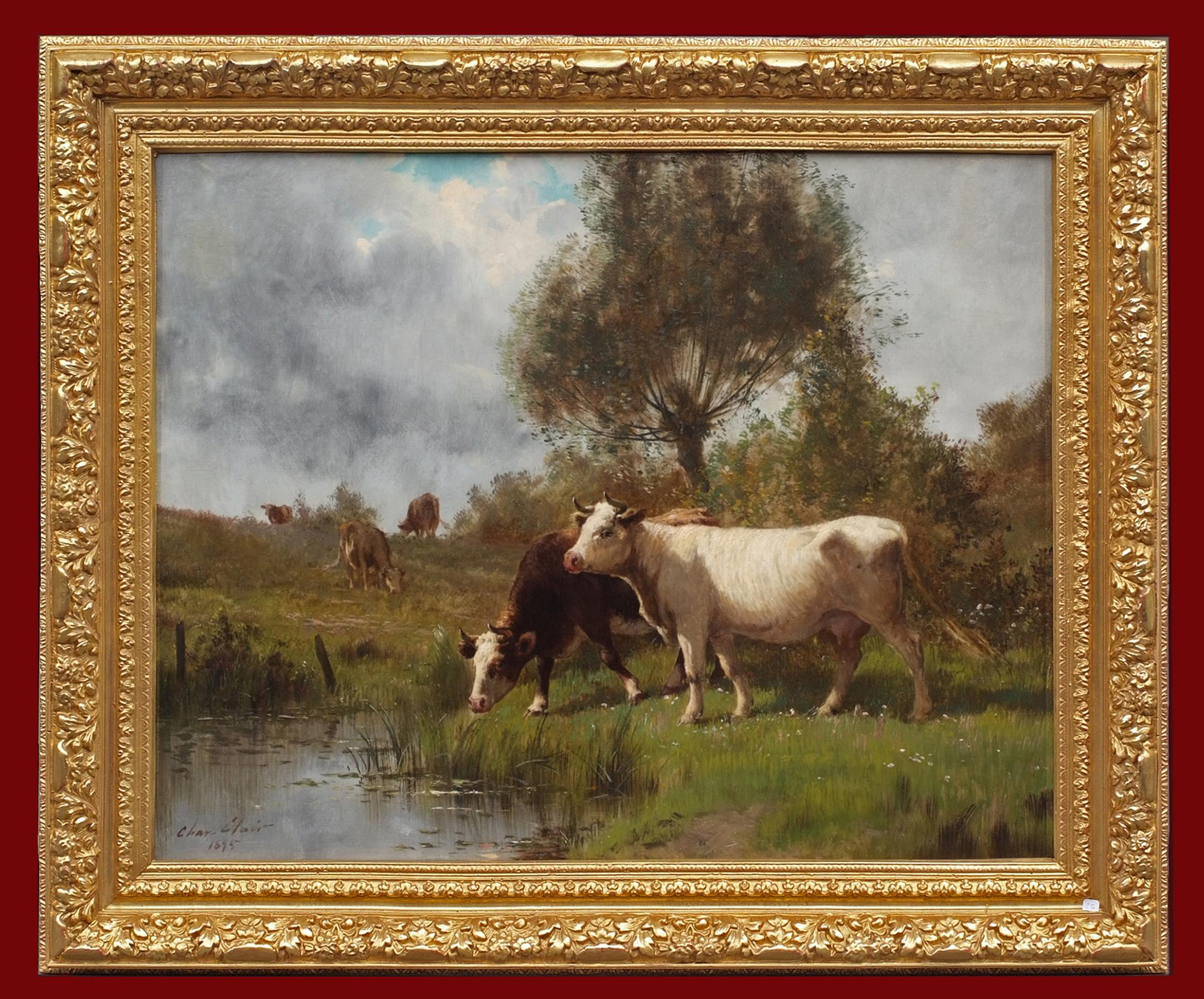 Cows on Pasture by The River , painting 19th Century, Barbizon School