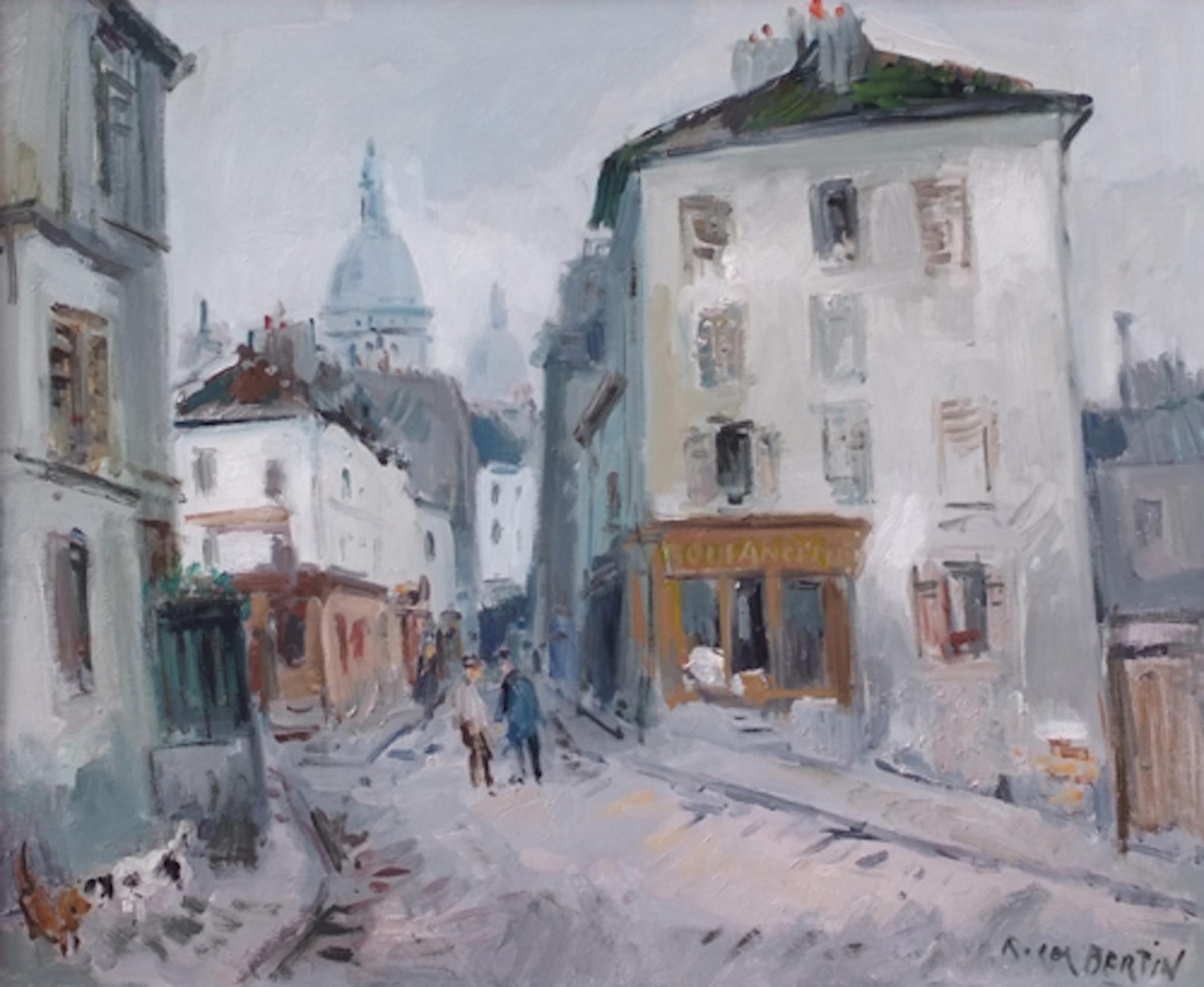 Paris Montmartre Street, peinture postimpressionniste - Post-impressionnisme Painting par BERTIN Roger