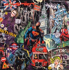 Vintage Comics Heroes in London painting  