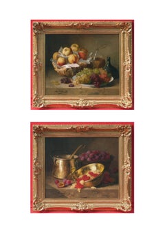 Still Life Fruits Copper Pot and Wine, Paintings 19th Century in Pair