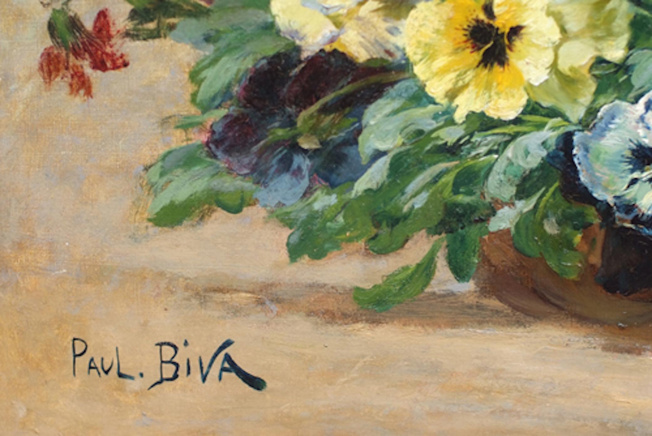 Basket of pansies Flowers - painting 19th century - Painting by BIVA Paul