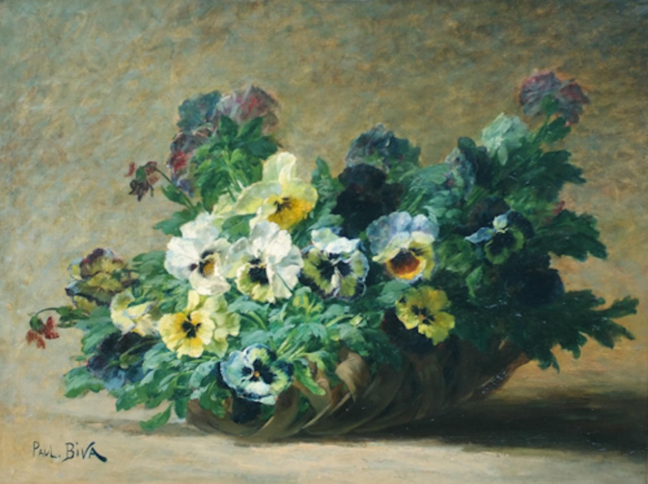 Korb mit Stiefmütterchenblumen – Gemälde 19. Jahrhundert (Akademisch), Painting, von BIVA Paul