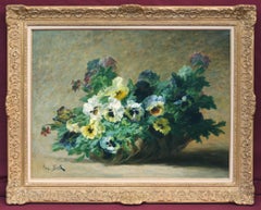 Basket of pansies Flowers - painting 19th century