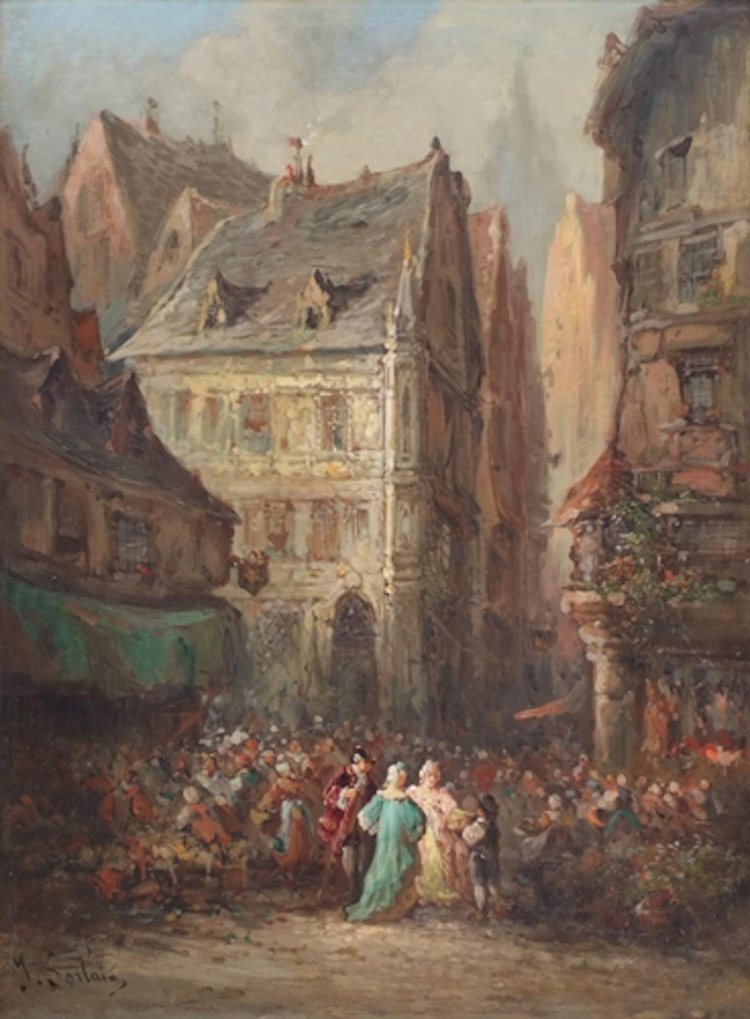 SORLAIN J. (1859 - 1942)
A lively Market in Rouen in the 18th century
Oil on canvas signed low left
Frame gilded with leaves
Dim canvas : 73 X 54 cm
Dim frame : 94 X 75 cm

Jean SORLAIN, Pseudonym used by Paul DENARIE (1859 - 1942)
Born in 1859 à