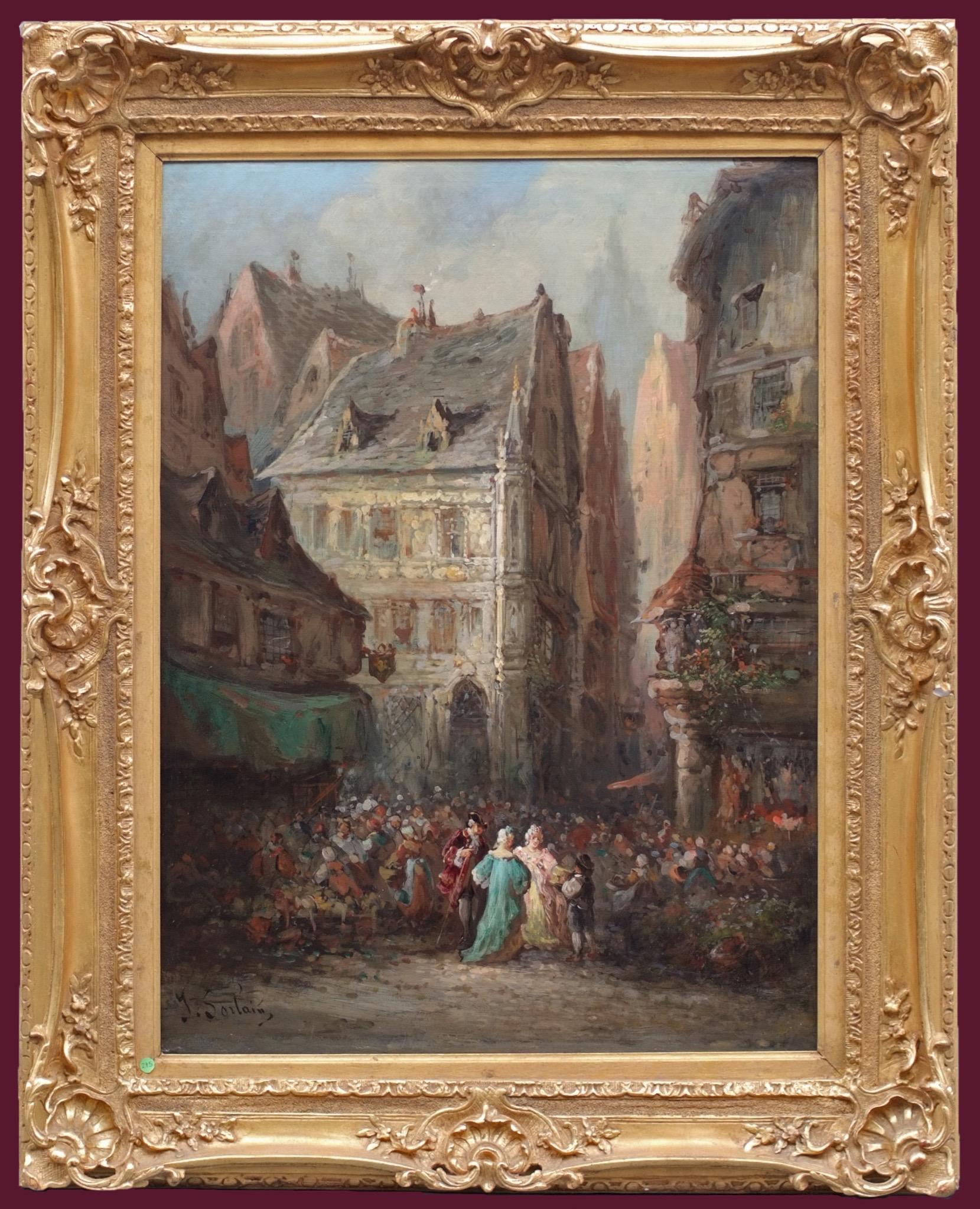 Paul Denarié (Jean Sorlain) Figurative Painting - Painting of Lively Market in Rouen during 18th Century 