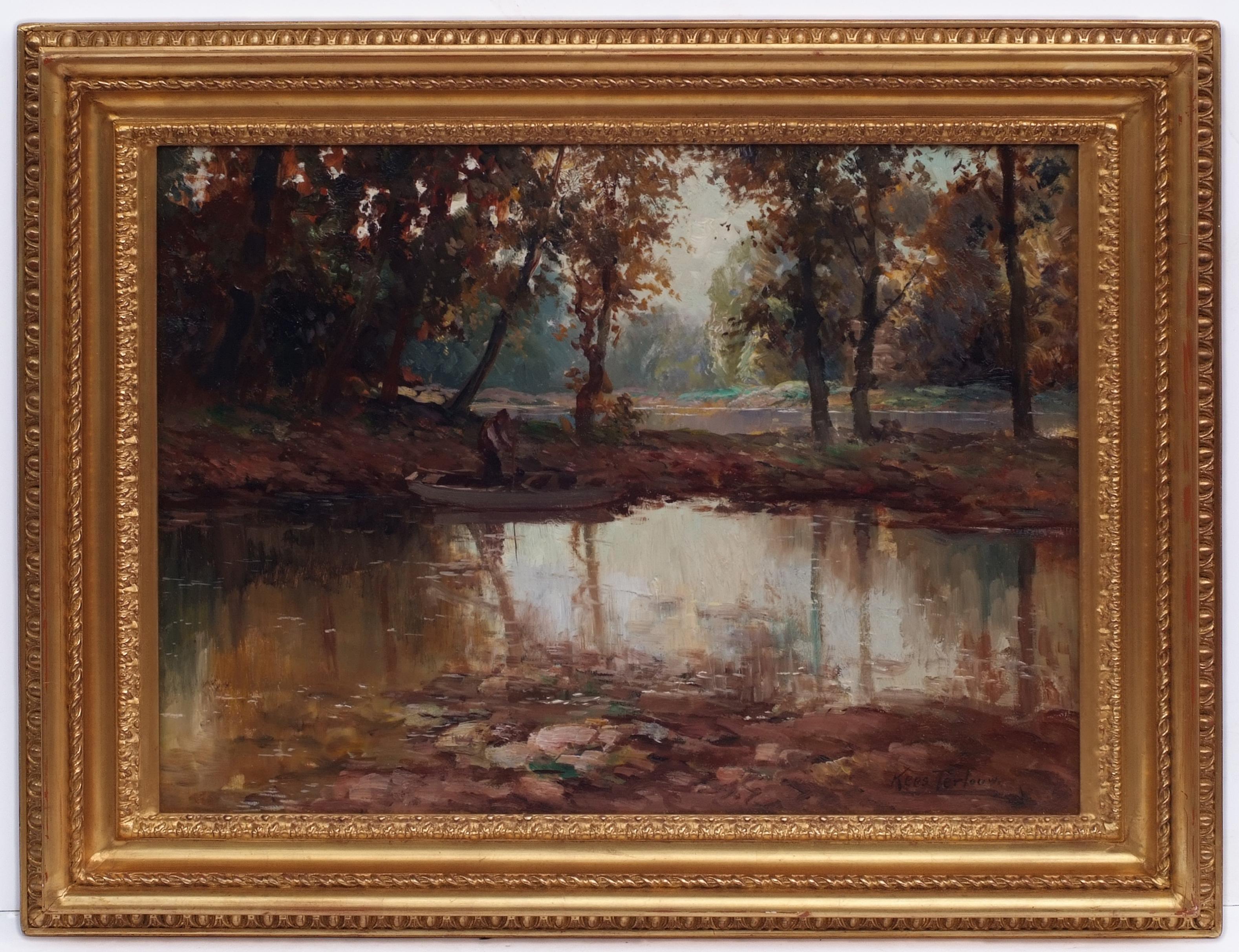 Lebendige Landschaft mit Fischer am Fluss, postimpressionistisches Gemälde