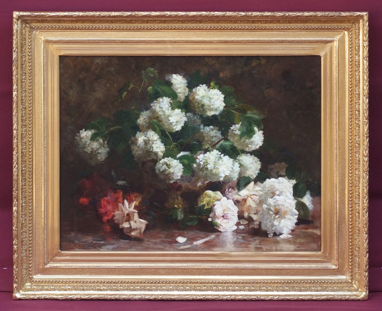 CARME Felix Still-Life Painting - Throw of snowball Flowers and Roses, Painting 19th century