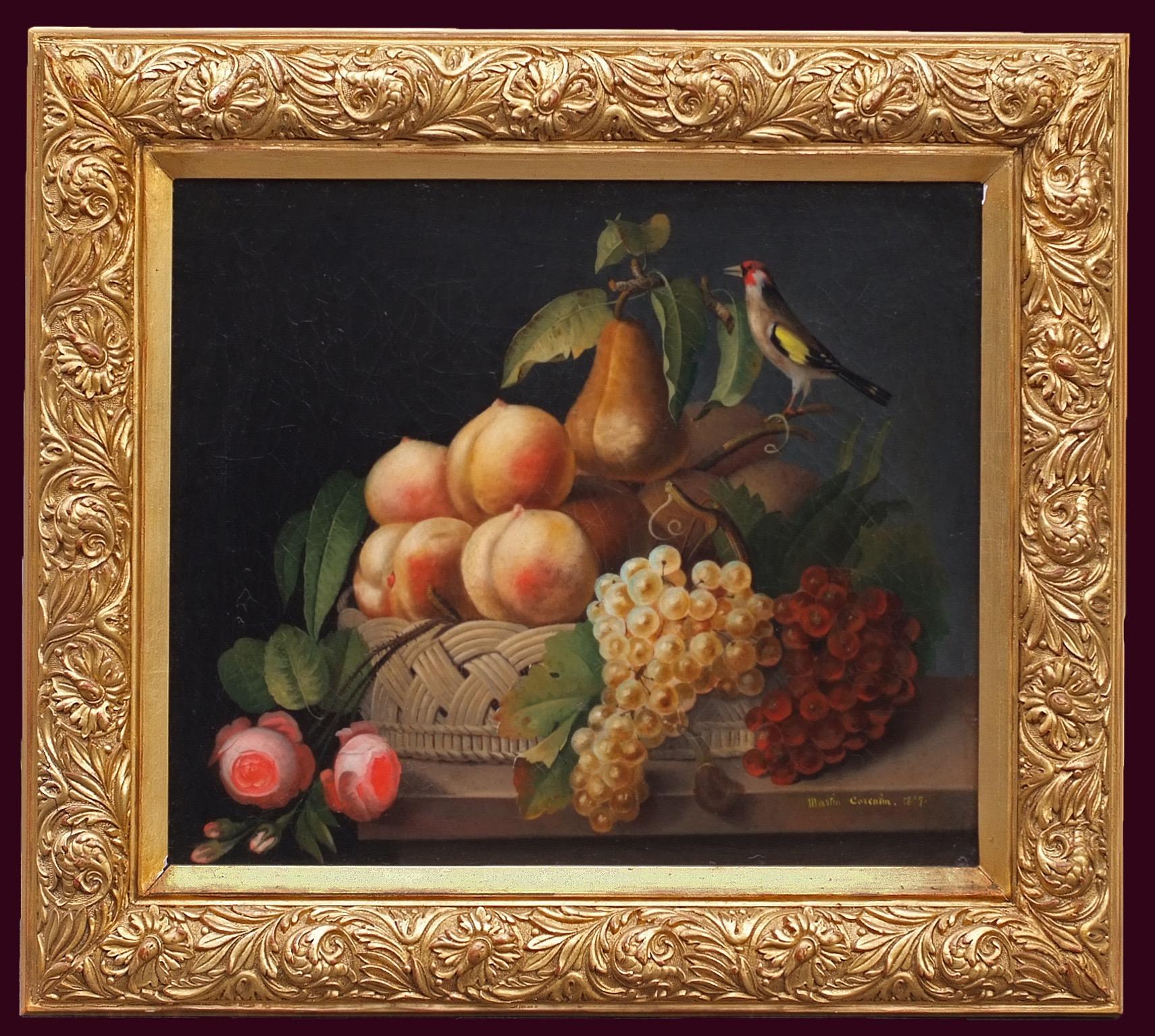MARTIN CORENTIN Still-Life Painting - Still Life with Fruits and Bird 1867