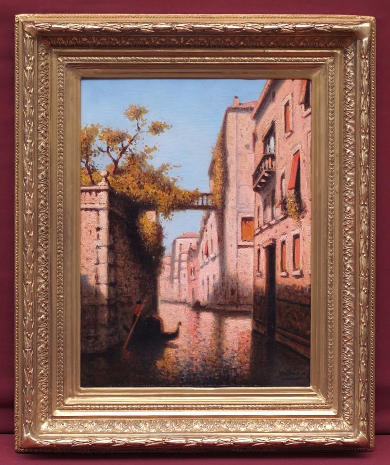 MIRO LLEO Gaspar (1859-1930) 
Vues de Venise en couple 
Huile sur toile signée en bas à droite 
Cadres anciens dorés à la feuille  
Dim toile : 65 X 50 cm (chaque) 
Dim cadre : 82 X 66 cm (chaque)  

MIRO LLEO Gaspar (1859-1930)  
Peintre espagnol