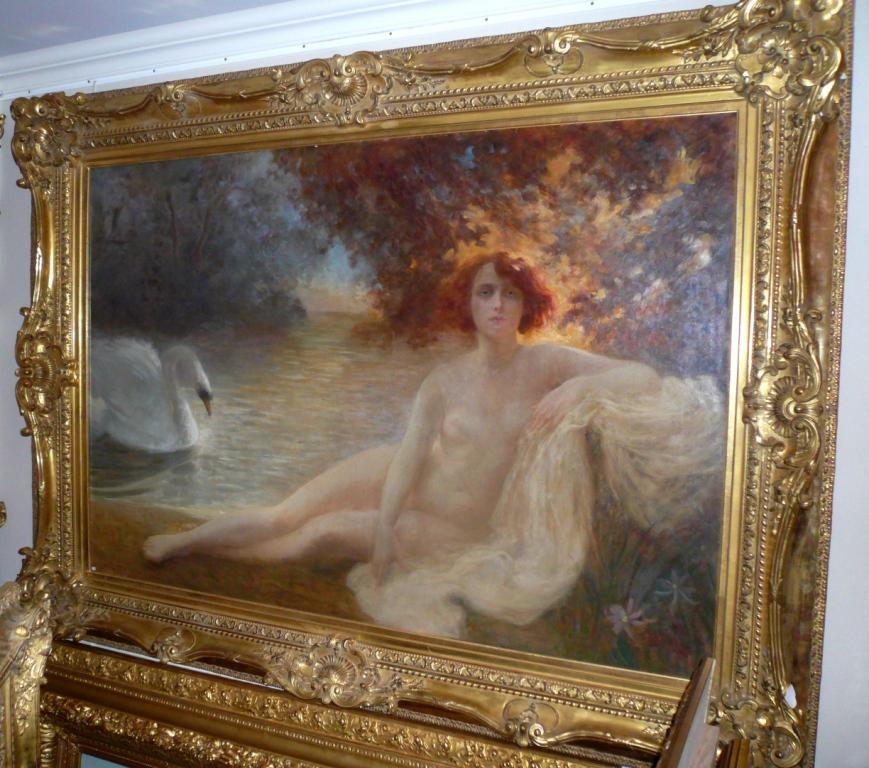 Albert Auguste FOURIE (1854-1937)
The Naiad And The Swan
Oil on Wood signed low left
New golden and invory stick frame 
Dim wood panel : 35 X 27 cm
Dim frame : 62 x 44 cm

Albert Auguste FOURIE (1854-1937)
Born 24 april 1854 in Paris. Dead 17