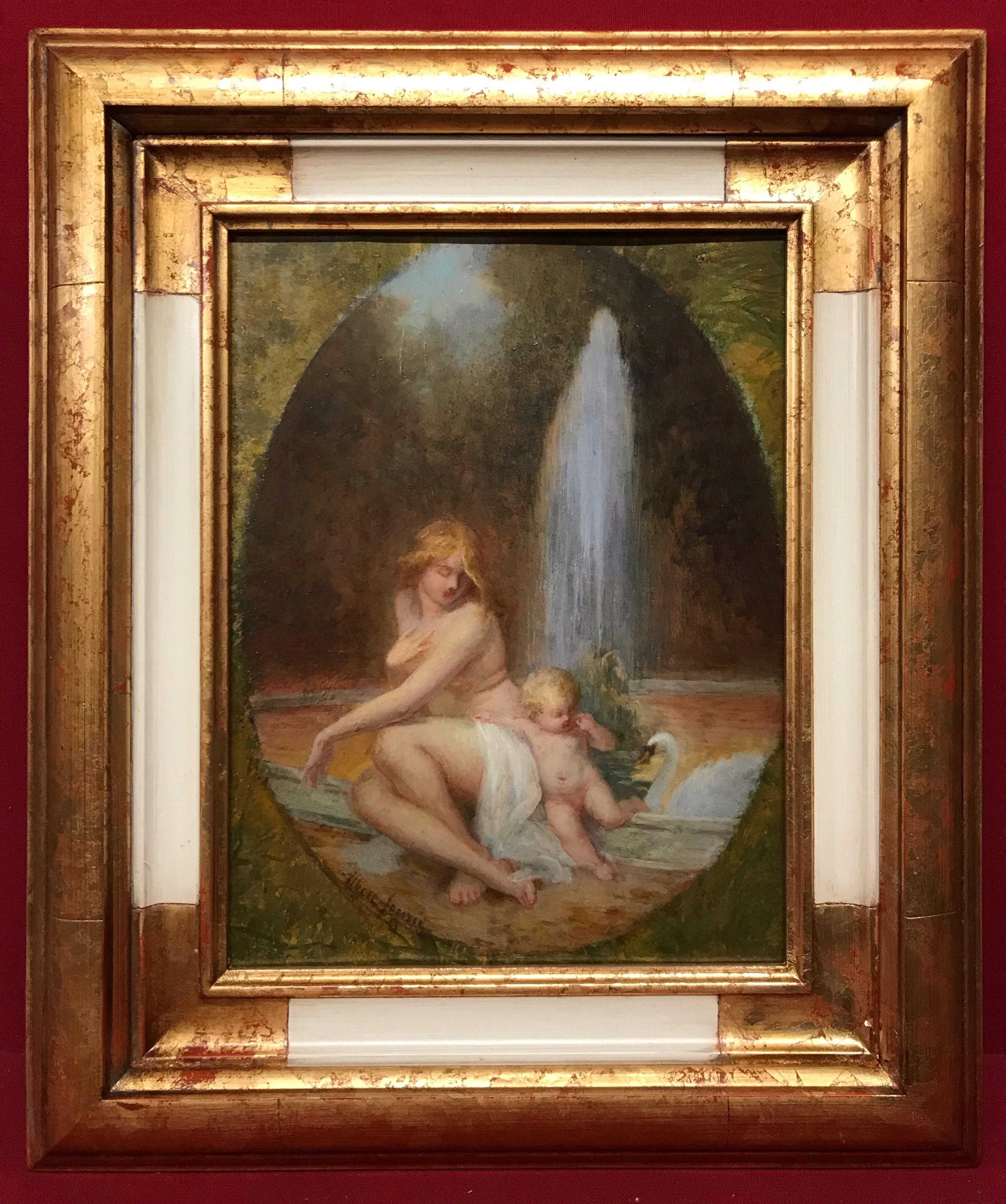 Nude Painting Albert Auguste FOURIE  - Le Naiad et le cygne - Peinture du 19ème siècle