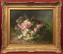 Antique Original Painting - Roses in a Basket