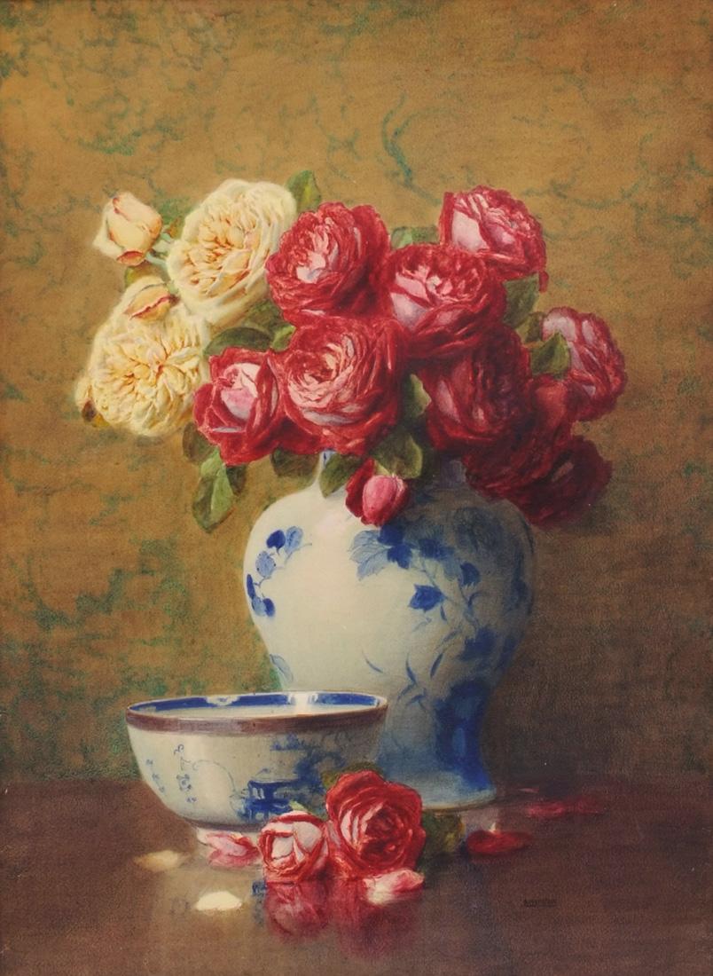 Peinture à l'aquarelle - Vase en porcelaine de Chine fleurs  - Académique Painting par ROSENSTOCK Isidor 