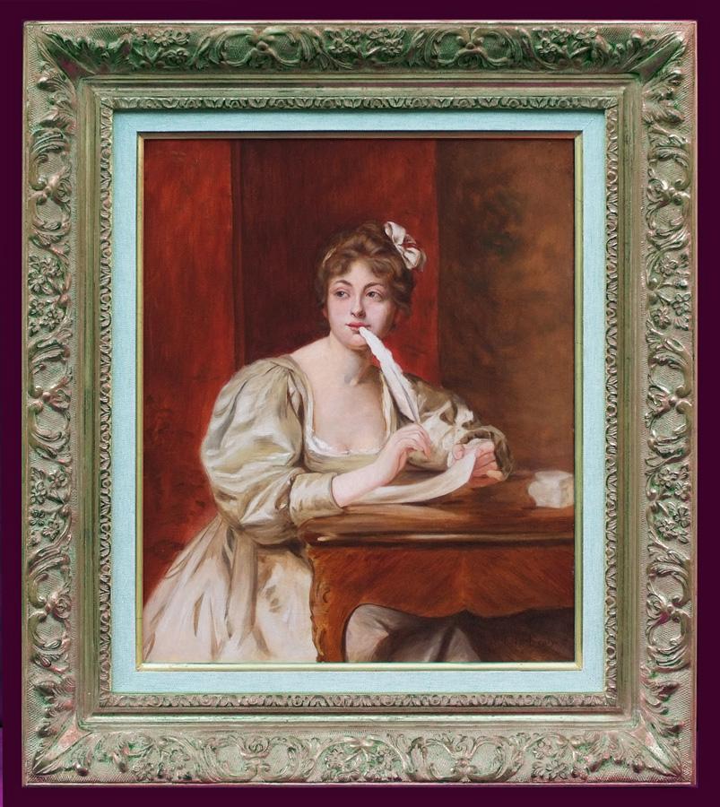 LA BRELY Auguste, de Portrait Painting – Junge Jungfrau am Schreibtisch