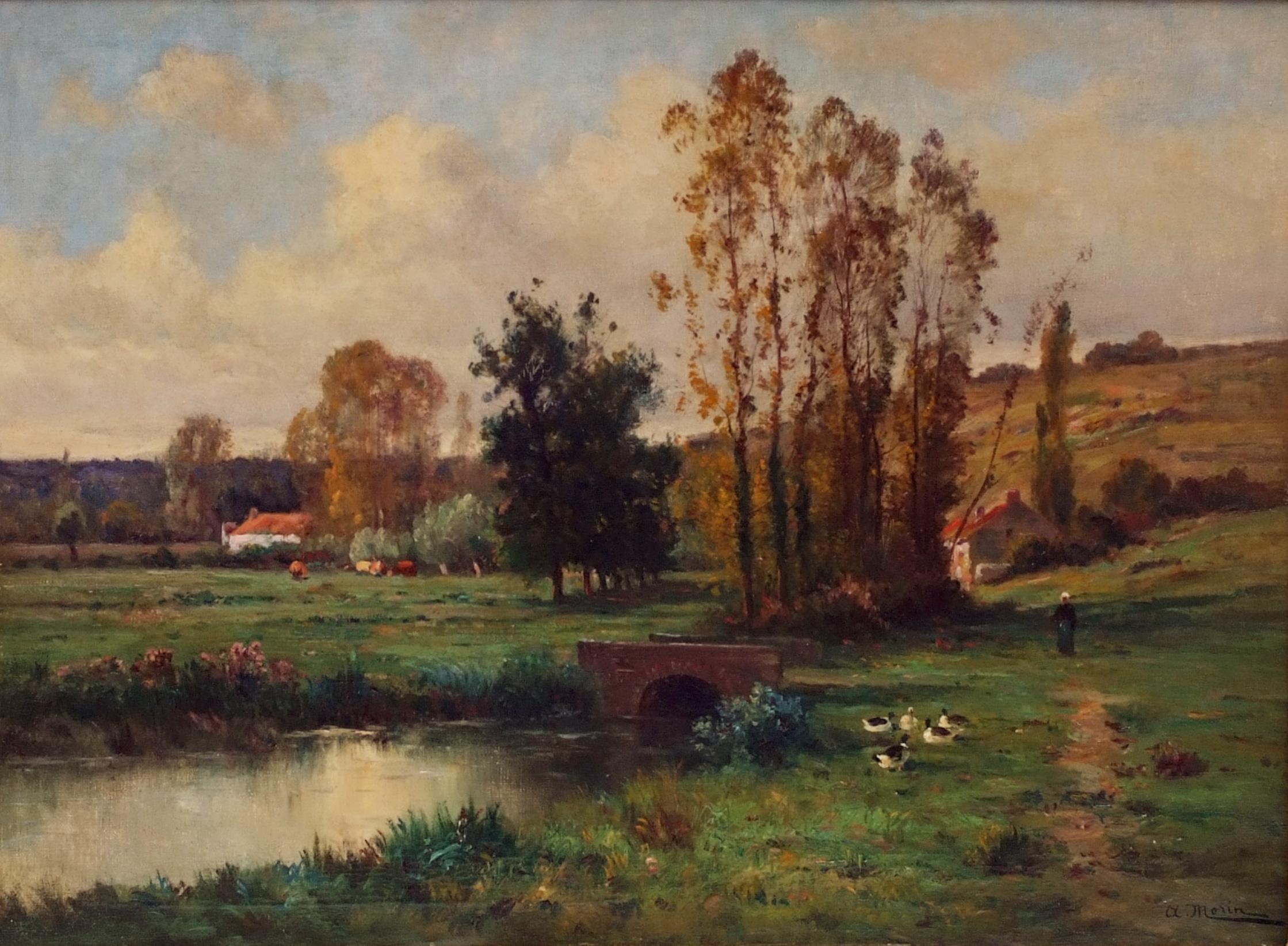 MORIN Charles Camille (1846 – 1919)  
Landscape by the pond 
Oil on canvas signed low right 
Old frame gilded with leaves 
Dim canvas : 73 X 54 cm Dim frame : 85 X 65 cm

MORIN Adolphe (1841-c.1880)
French painter born in Stenay (Meuse) in 1841.