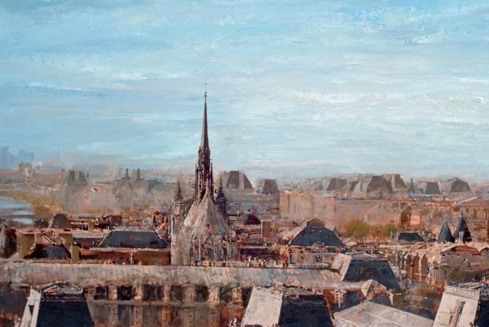 View of Paris Above The Rooftops - Original Painting - Brown Landscape Painting by David LEUNG