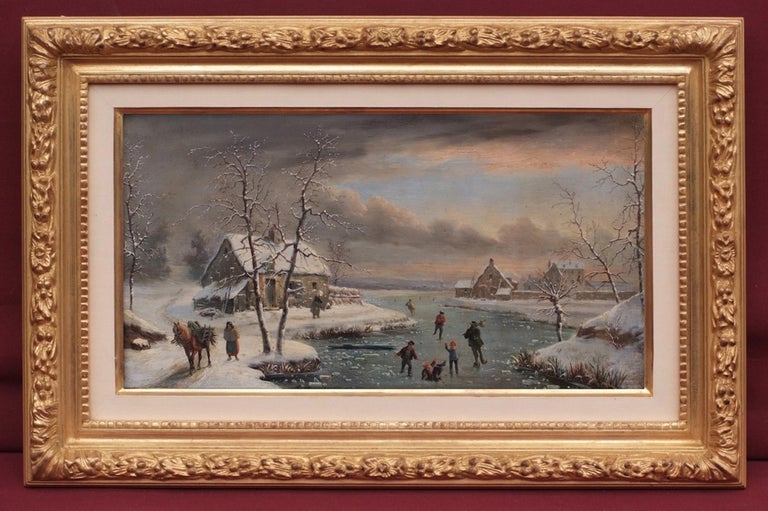 Two paintings 19th century Lively Winter landscapes in pair - Painting by MALLEBRANCHE Louis Claude  