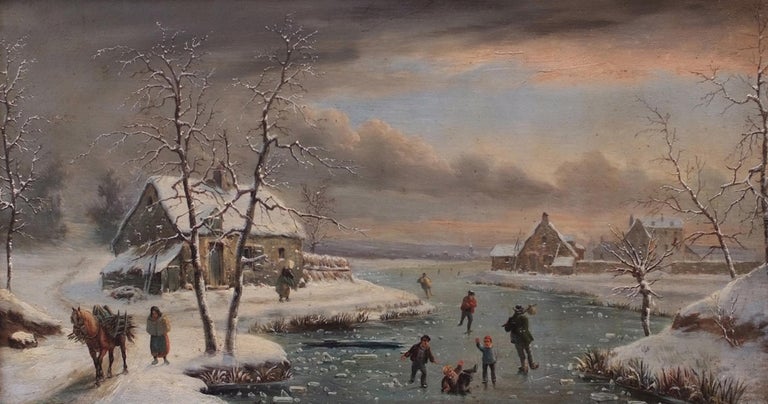 Two paintings 19th century Lively Winter landscapes in pair - Academic Painting by MALLEBRANCHE Louis Claude  