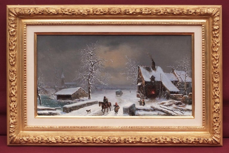 Two paintings 19th century Lively Winter landscapes in pair - Brown Landscape Painting by MALLEBRANCHE Louis Claude  