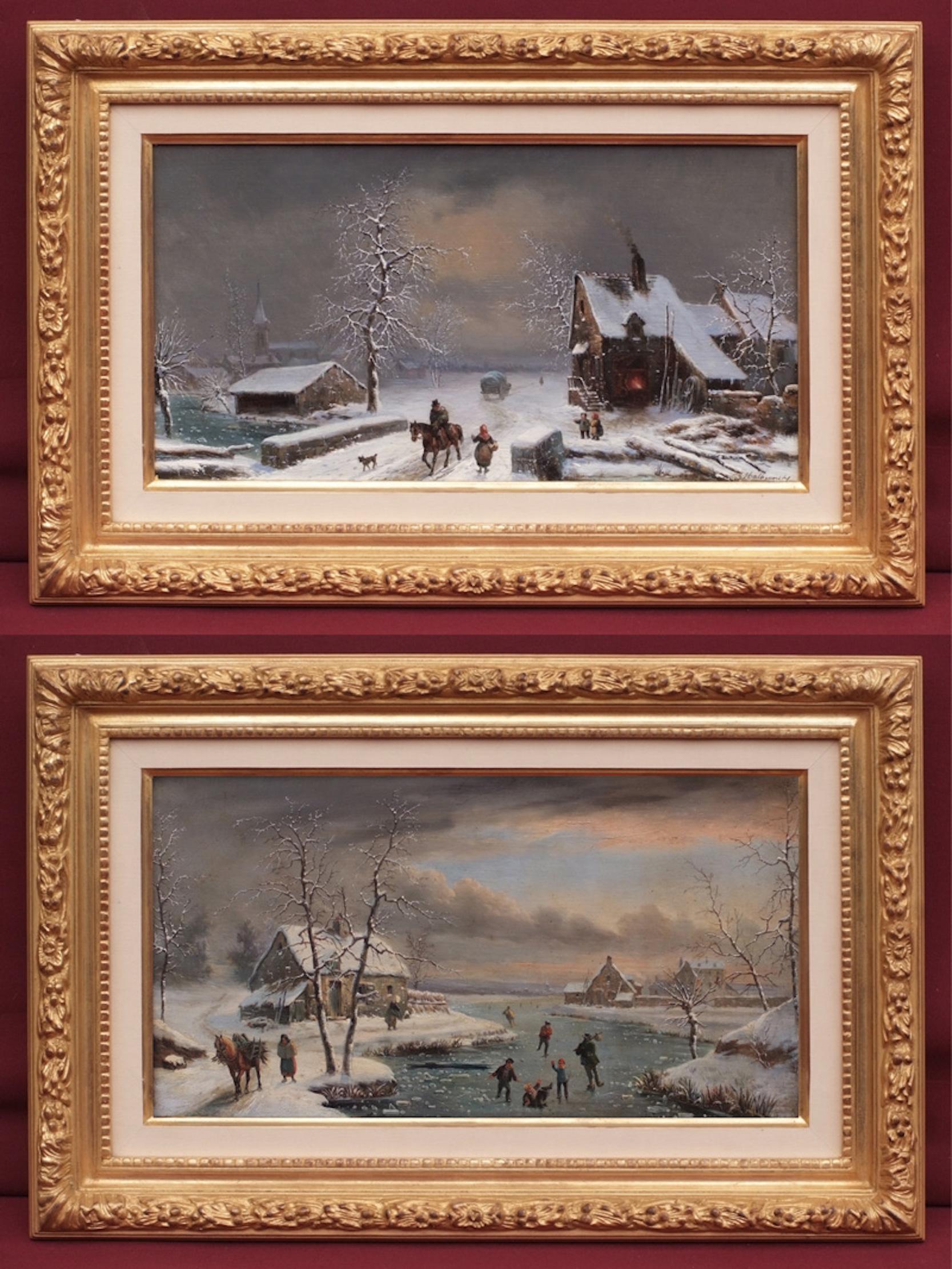 MALLEBRANCHE Louis Claude   Landscape Painting - Two paintings 19th century Lively Winter landscapes in pair