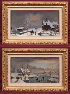 Two paintings 19th century Lively Winter landscapes in pair