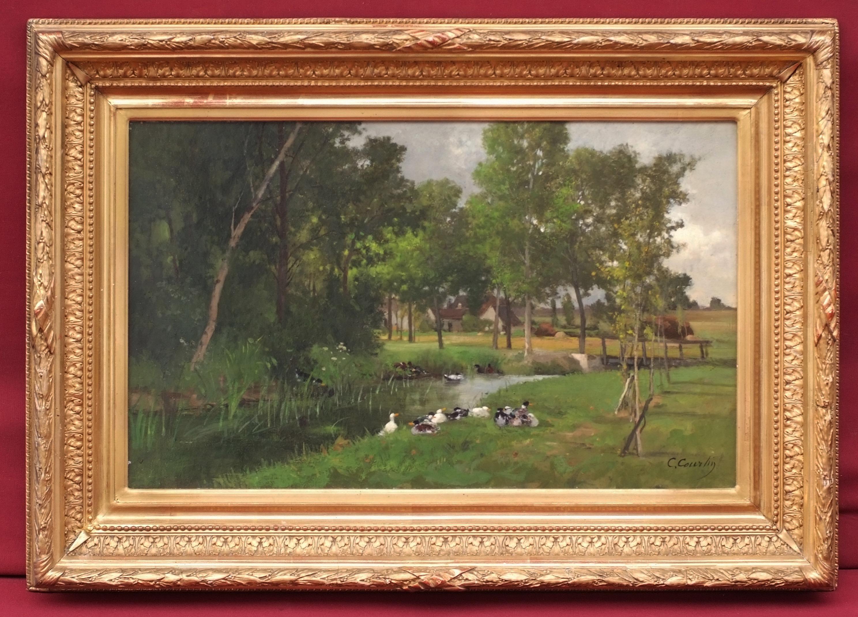 COURTIN Caroline Landscape Painting - Landscape with Pond and Ducks