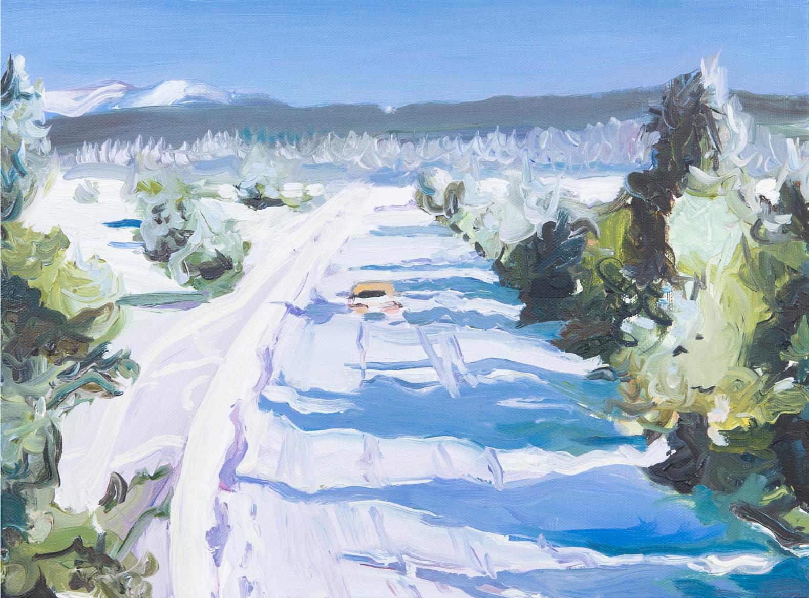 Figurative Painting de Katherine Russell - ' Conducción en nieve '  arte original óleo sobre lienzo