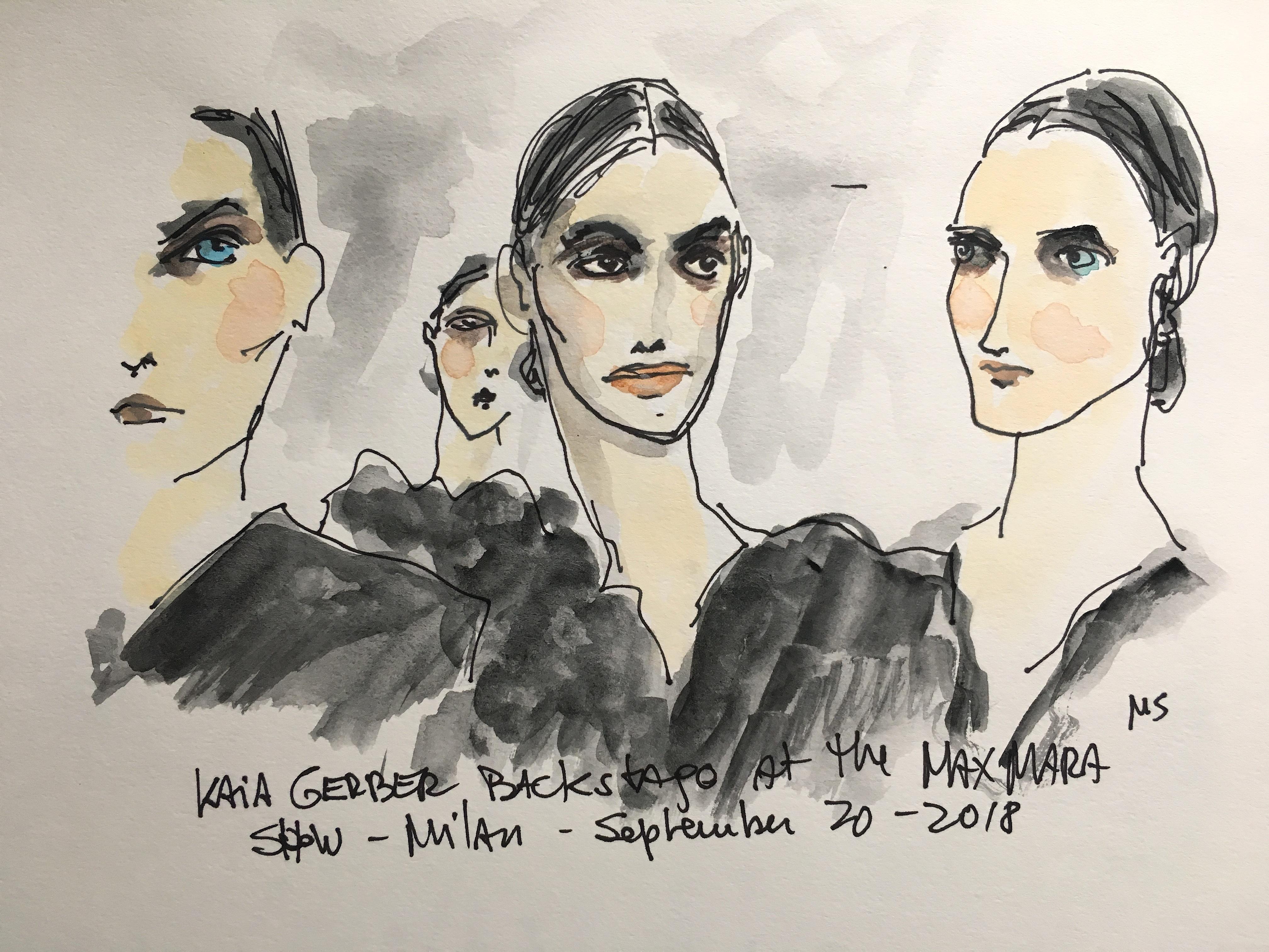 Kaia Gerber Backstage at the Max Mara Fashion Show, 2018, Watercolor on Paper