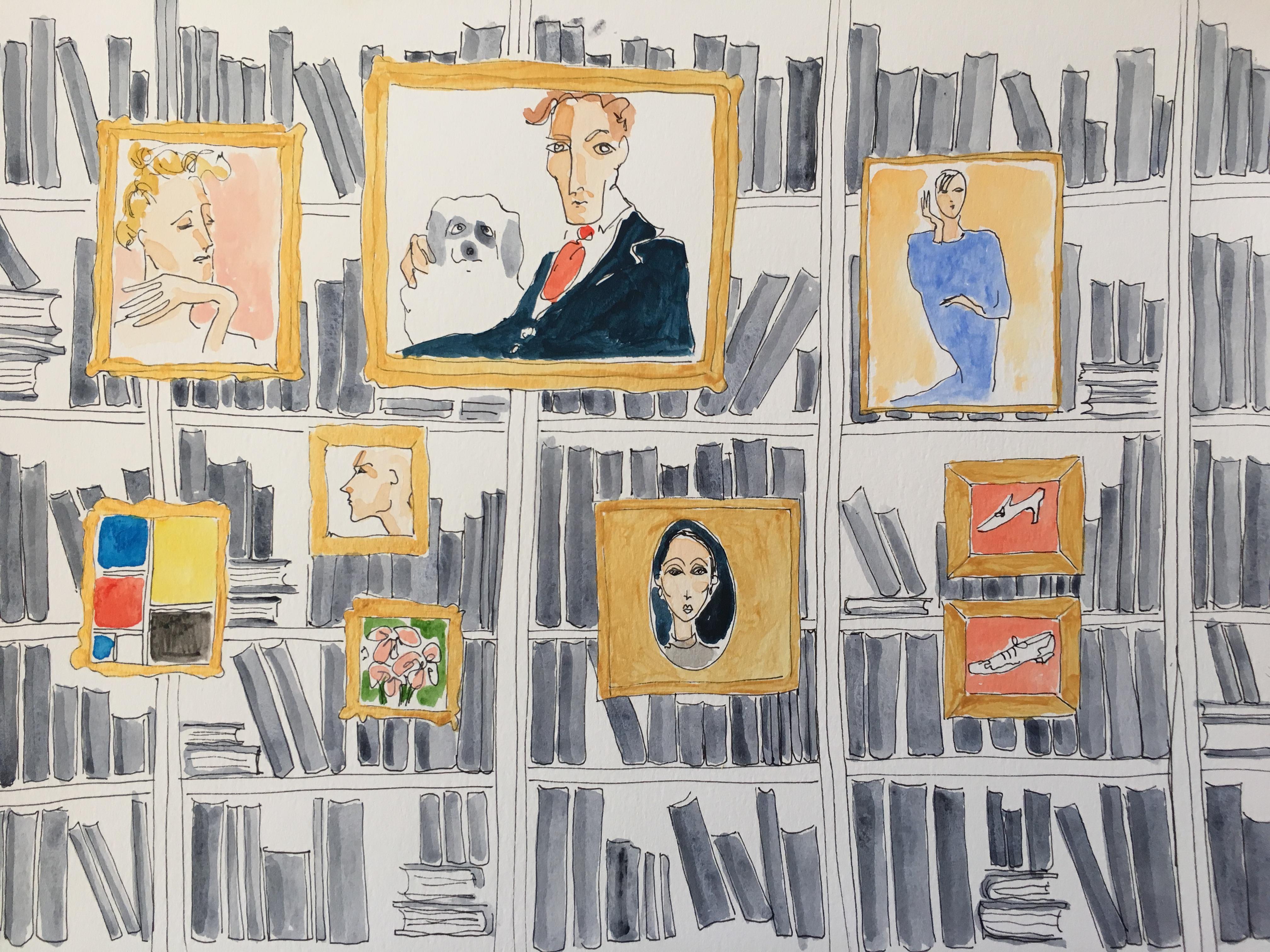 Manuel Santelices Figurative Art - The Library, 2019, Watercolor on Paper