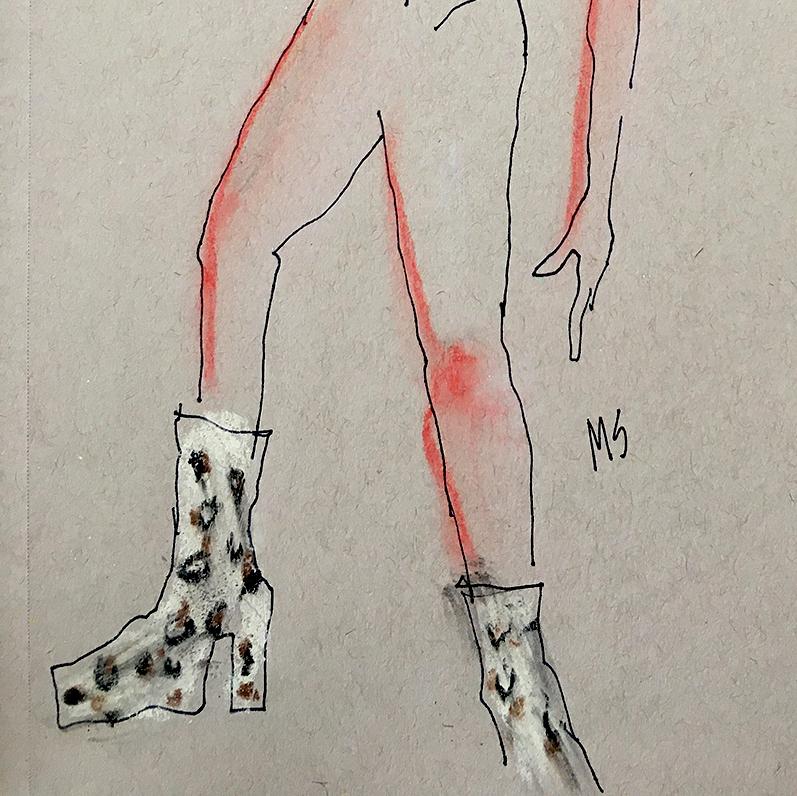 Louis XV Tries on Shoes from Norma Kamali's Fall 2021 Collection, by Manuel Santelices
Ink pen and watercolor
Overall size:  12 in H x 9 in W
One of a Kind 
Unframed
2021

The worlds of fashion, society, and pop culture are explored through the