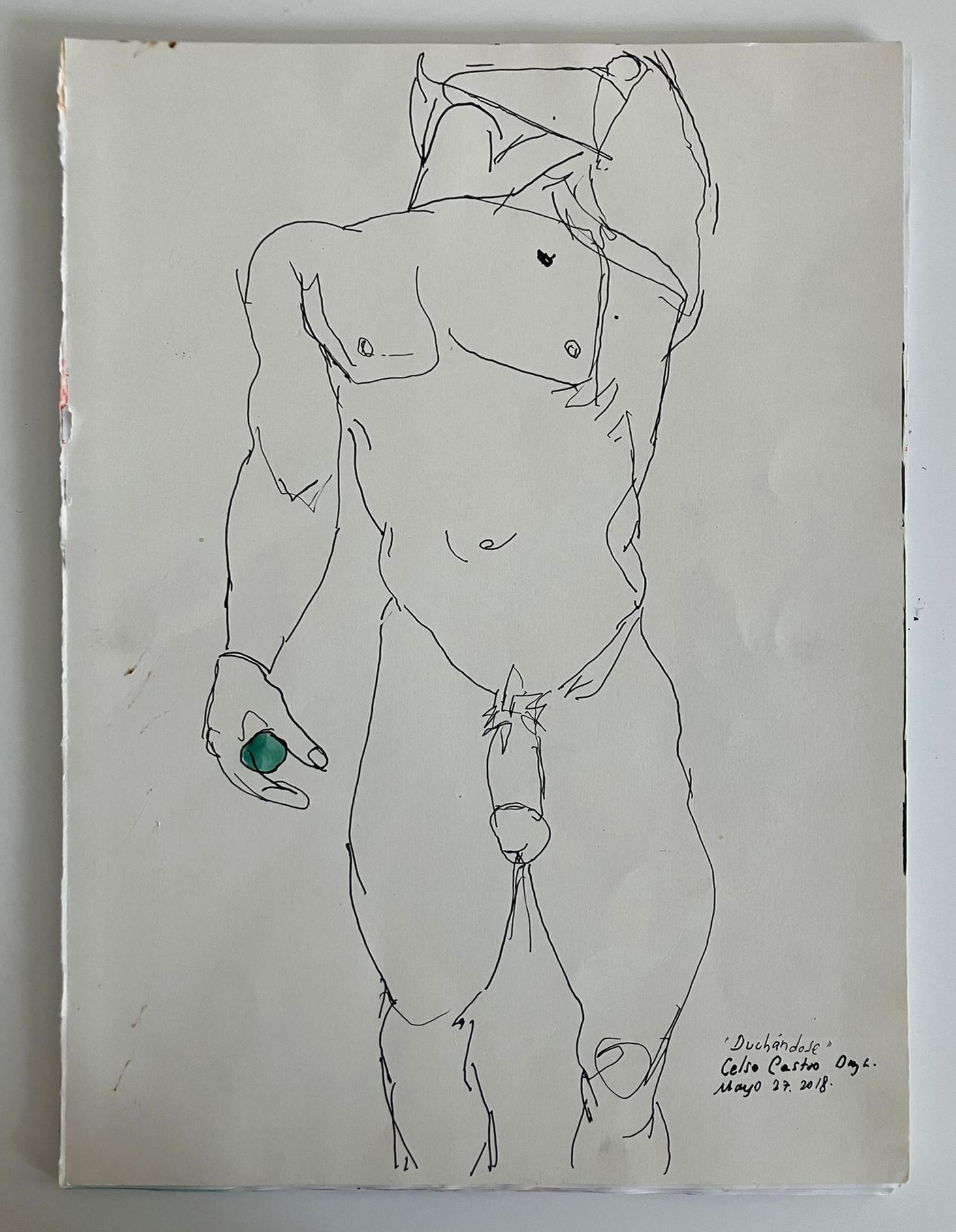 Celso José Castro Daza Figurative Art - Duchándome, Nude.  Watercolor and ink on archival paper 