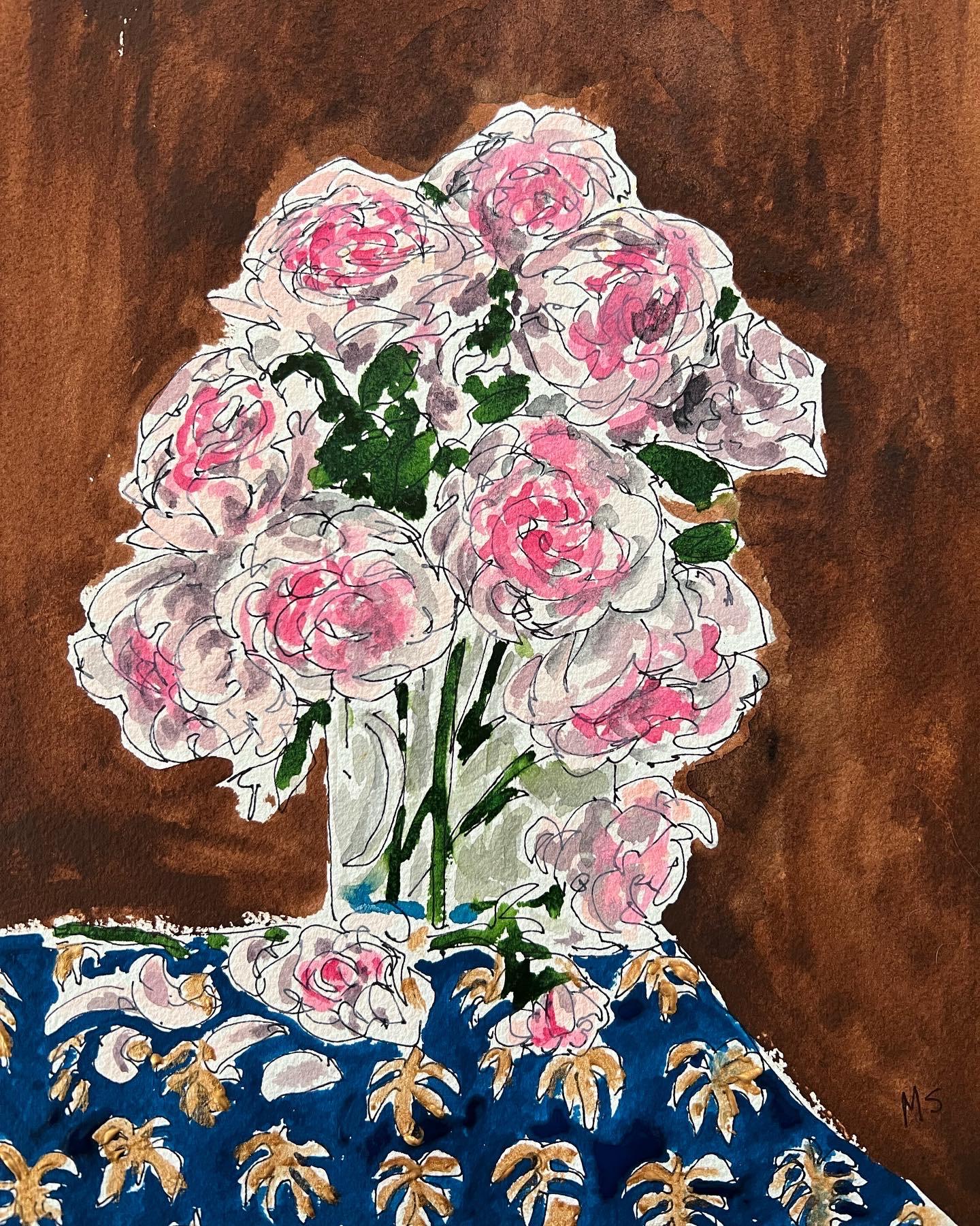 A vase full of Roses. Ink pen, Gouache, and watercolor on paper  - Painting by Manuel Santelices