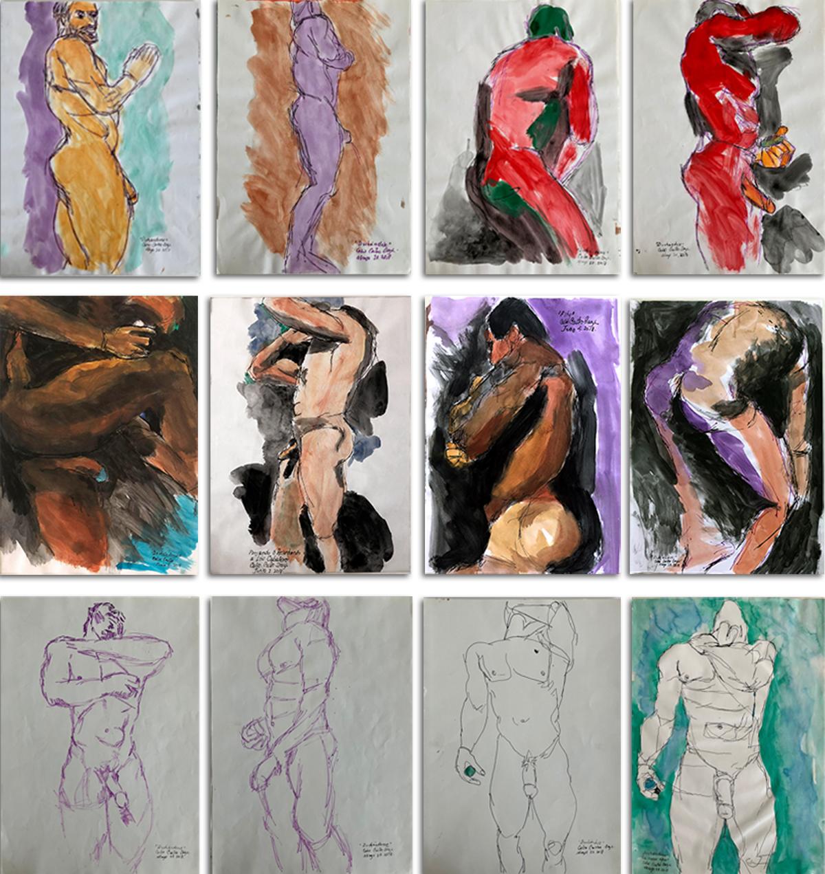 Aus der Reihe Duchándome Nude, Serie. Set von 12 Aquarell- und Tinte-Aquarelle auf Archivpapier – Art von Celso José Castro Daza
