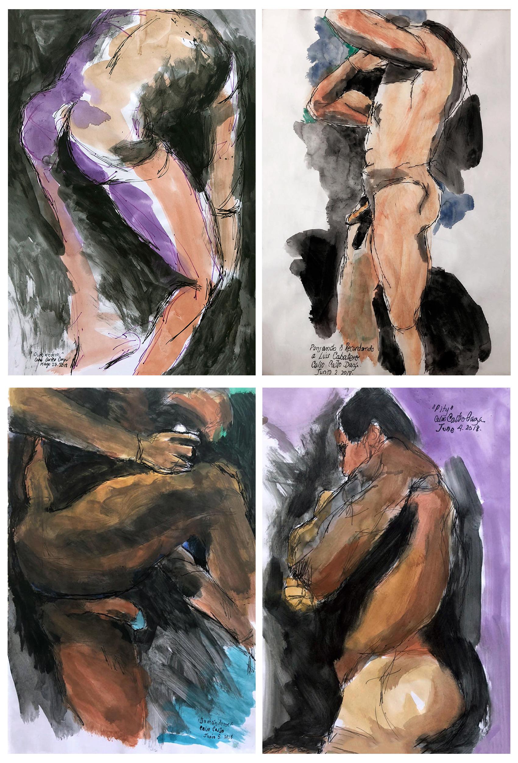 Figurative Art Celso José Castro Daza - De la série Duchándome, Nudes. Ensemble de 4 aquarelles sur papier d'archives 