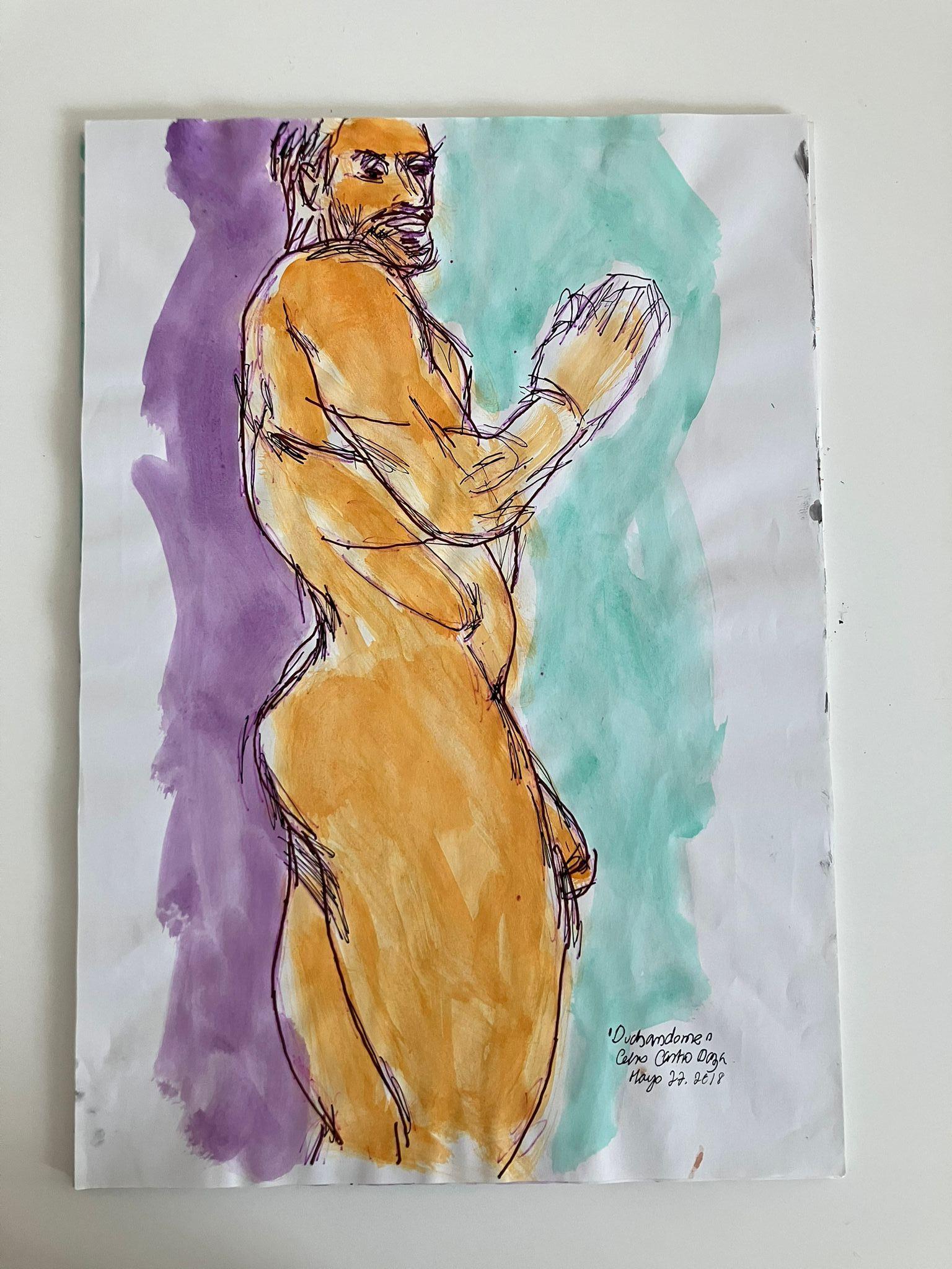  Duchándome Nude,  Serie. Satz von 4 Aquarellfarben auf Archivpapier. (Grau), Figurative Art, von Celso José Castro Daza