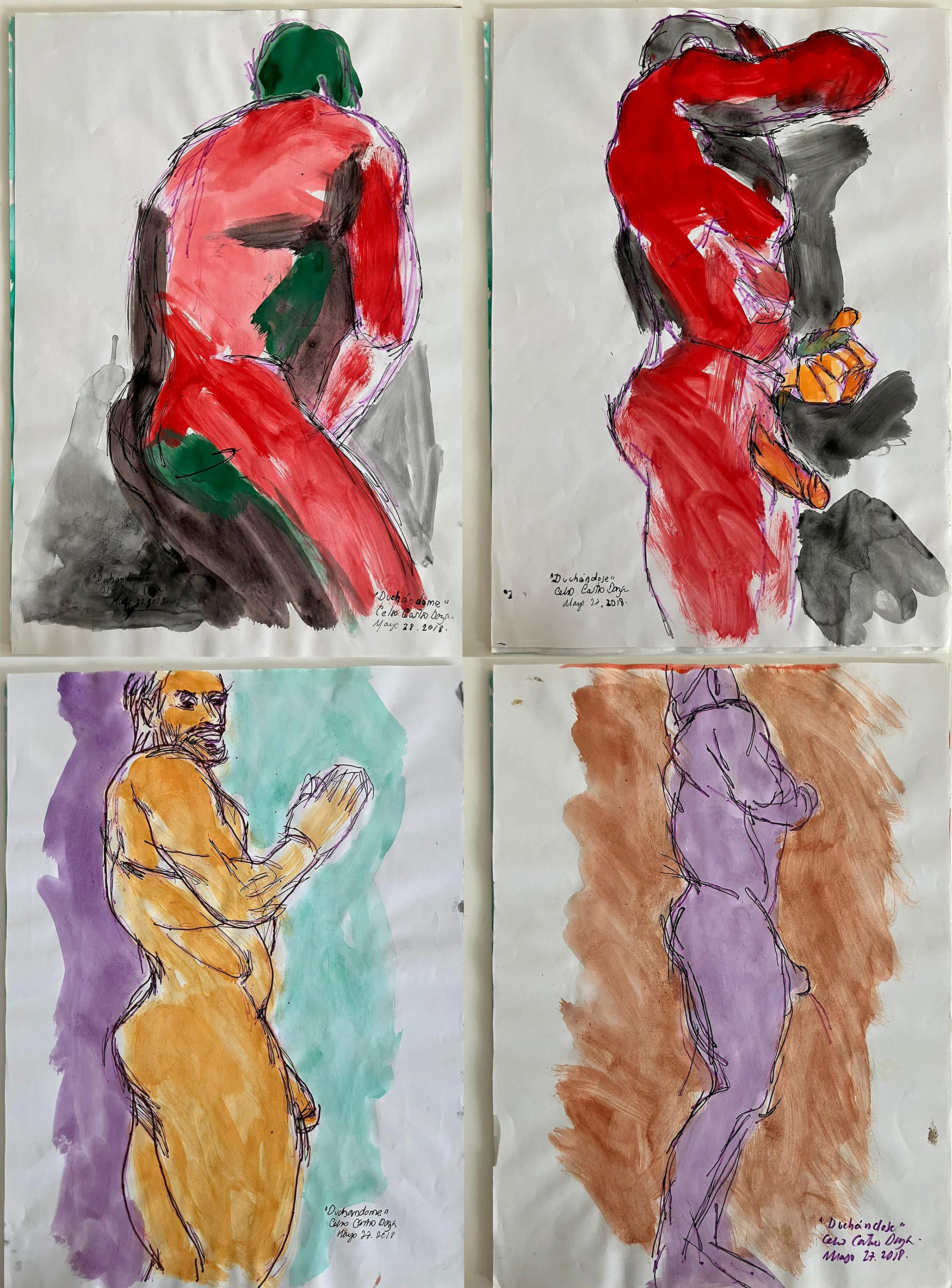 Celso José Castro Daza Figurative Art -  Duchándome Nude,  Series. Set of 4 Watercolors on archival paper.