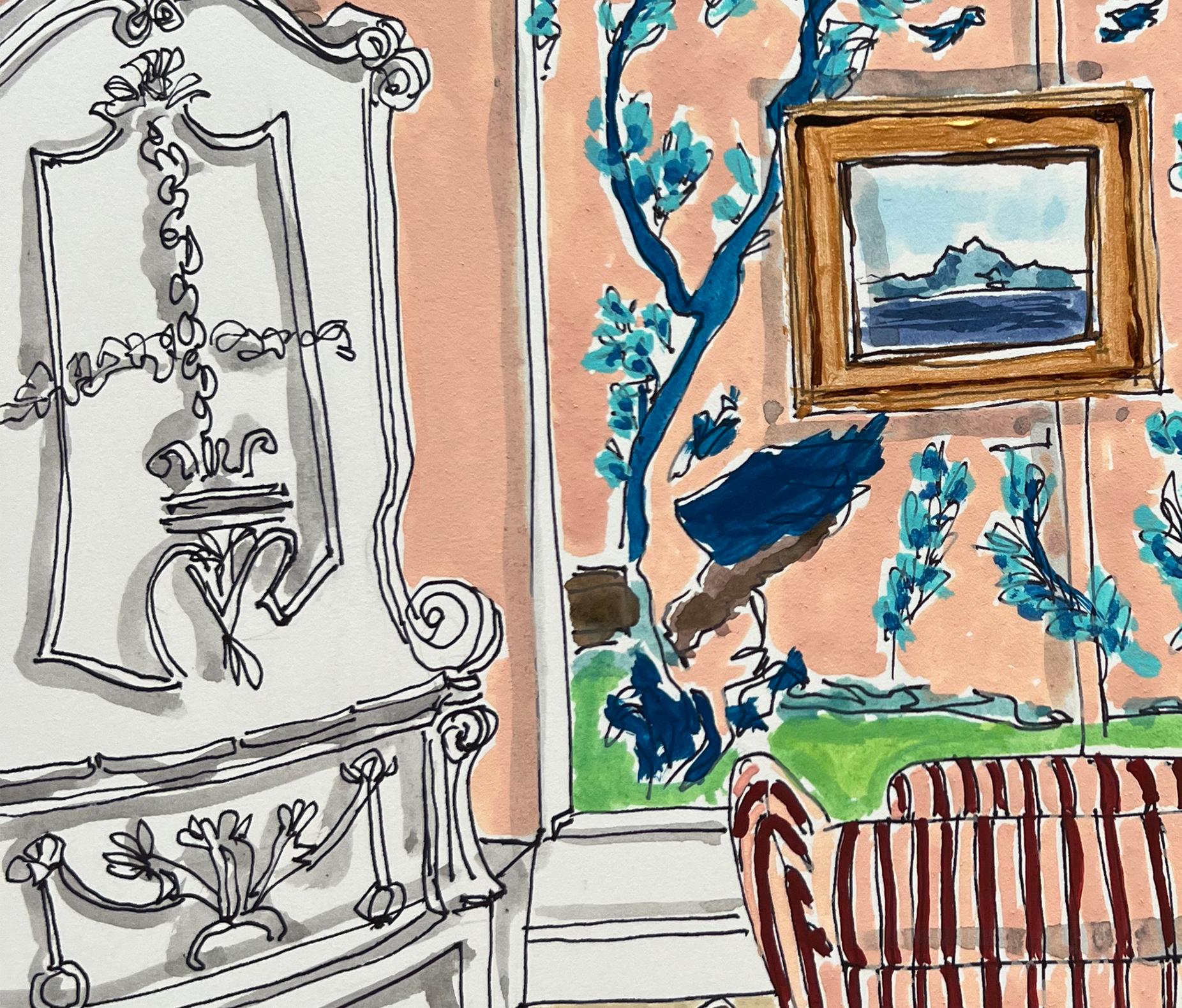 Schloss Hollenegg-Palast. Aquarell-Interieurgemälde auf Archivpapier. – Art von Manuel Santelices