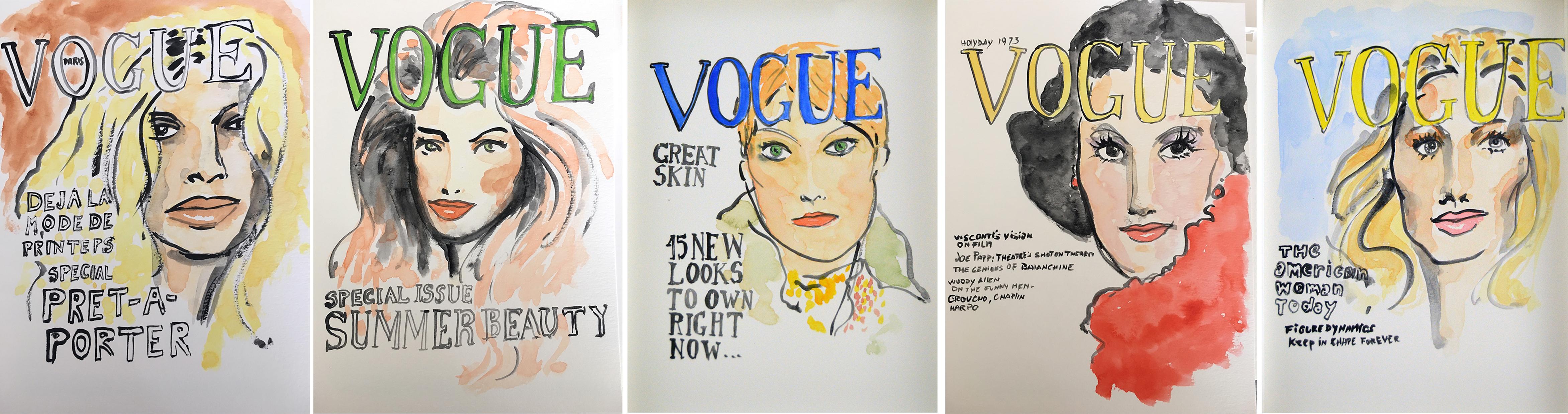 Manuel Santelices Portrait –  Satz von  Vogue-Cover, Aquarell-Mode-Zeichnungen auf Archivpapier.