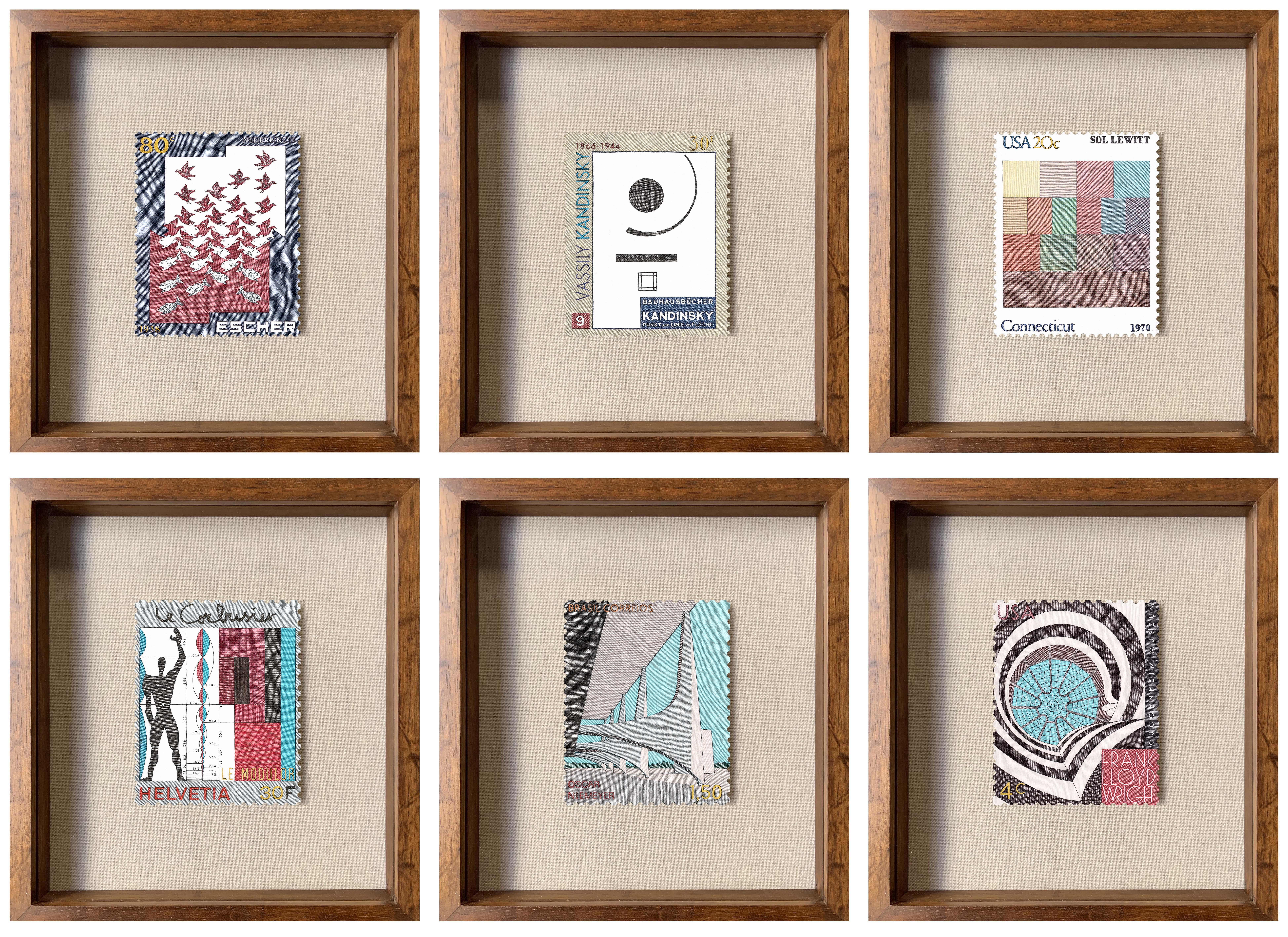 Set aus 6 Zeichnungen  von der   „Künstler und Architekten“, Serie.