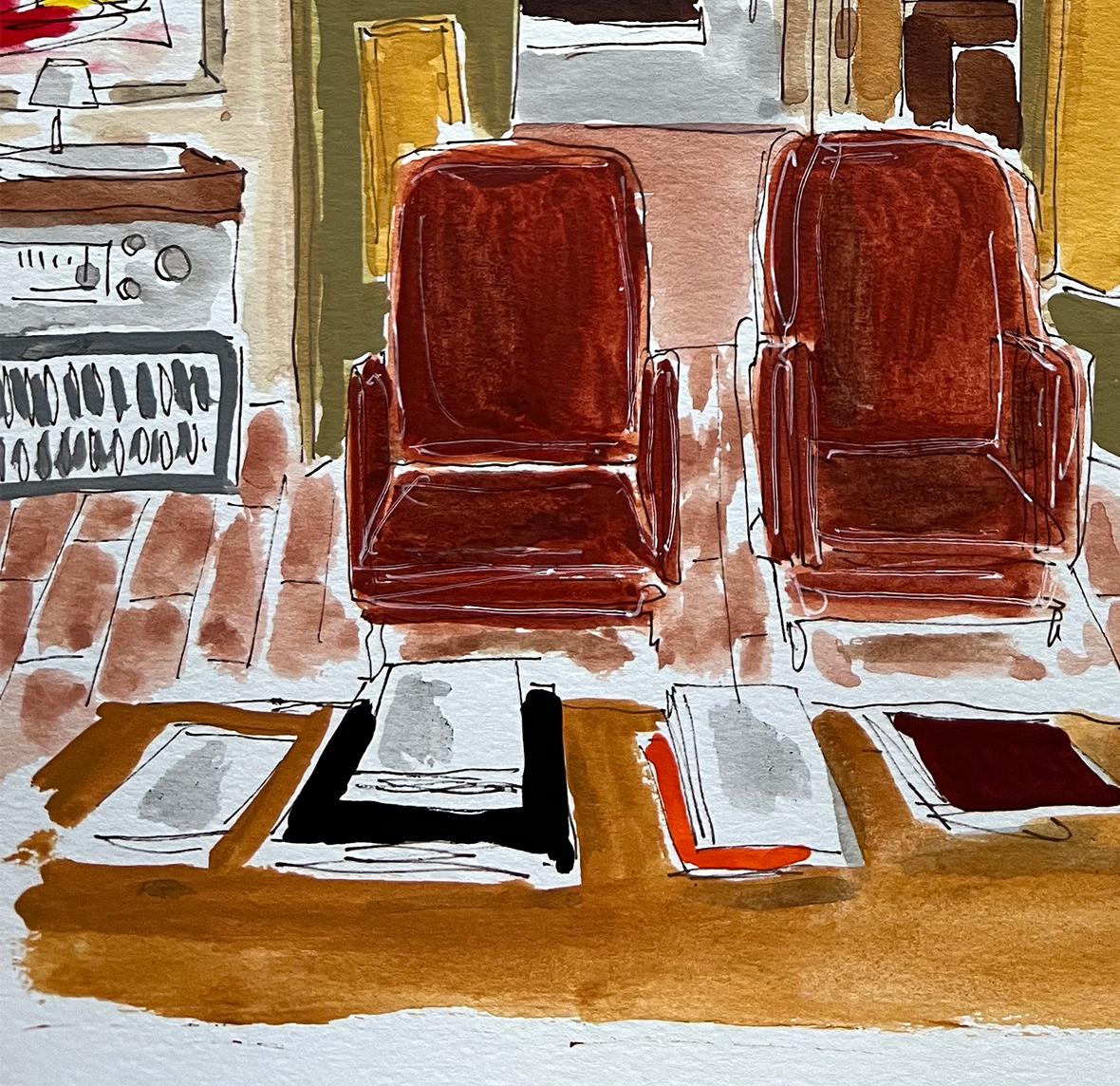 The Home of Aldo Businaro. Watercolor interiors drawing on archival paper - Contemporary Painting by Manuel Santelices